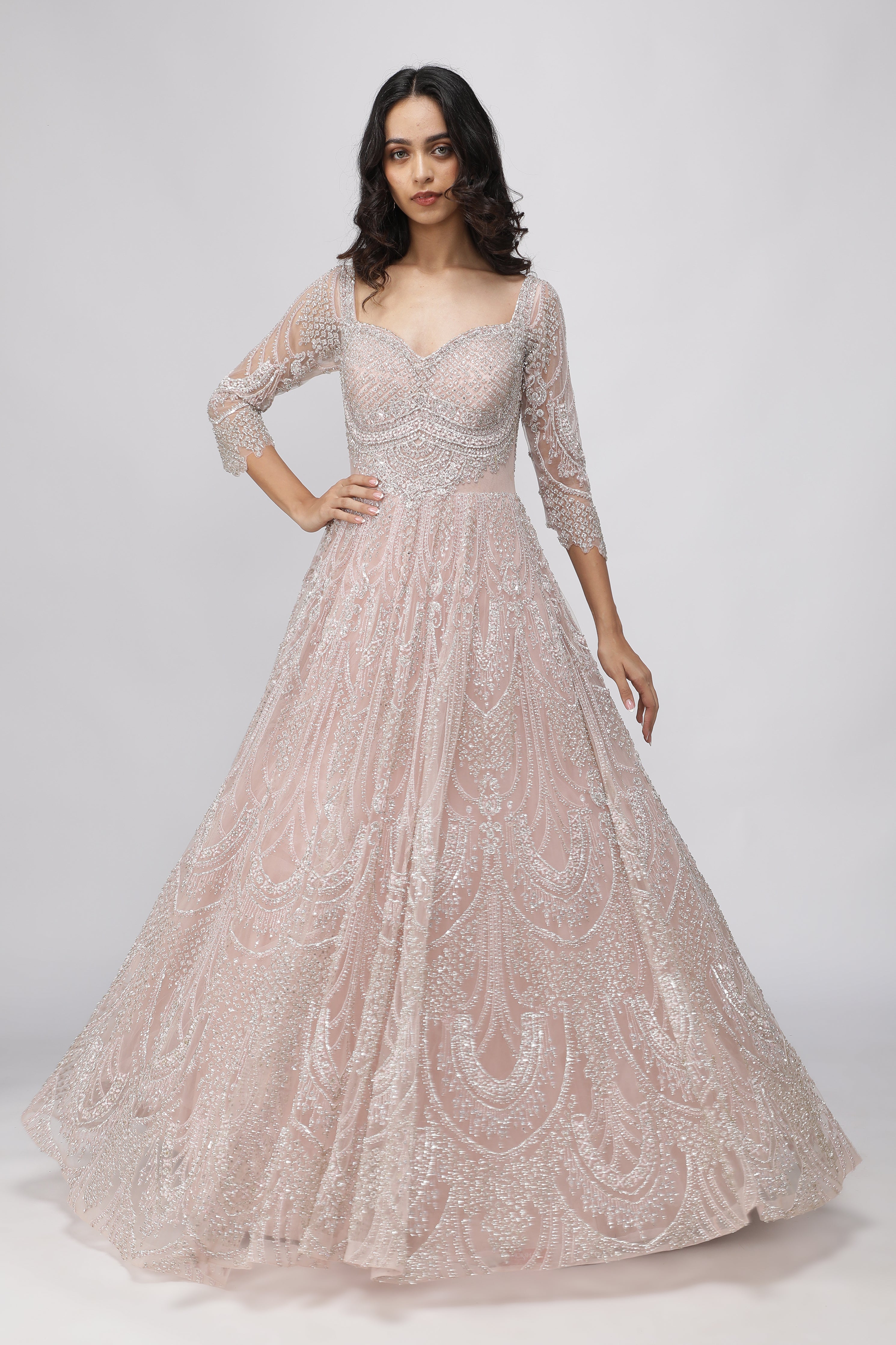 Blush Pink Net Gown with Stone, Cutdana & Sequin Embroidery