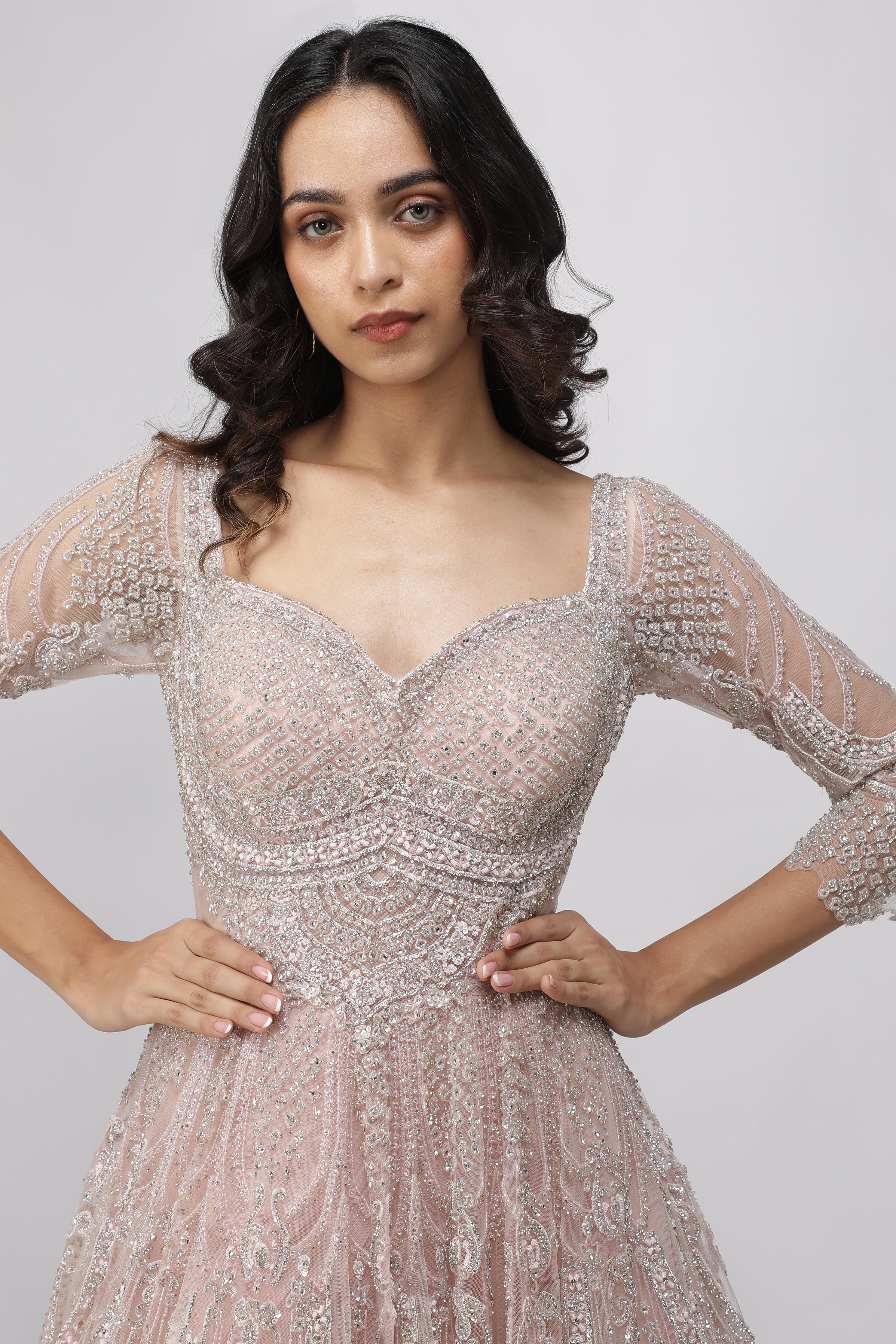 Blush Pink Net Gown with Stone, Cutdana & Sequin Embroidery