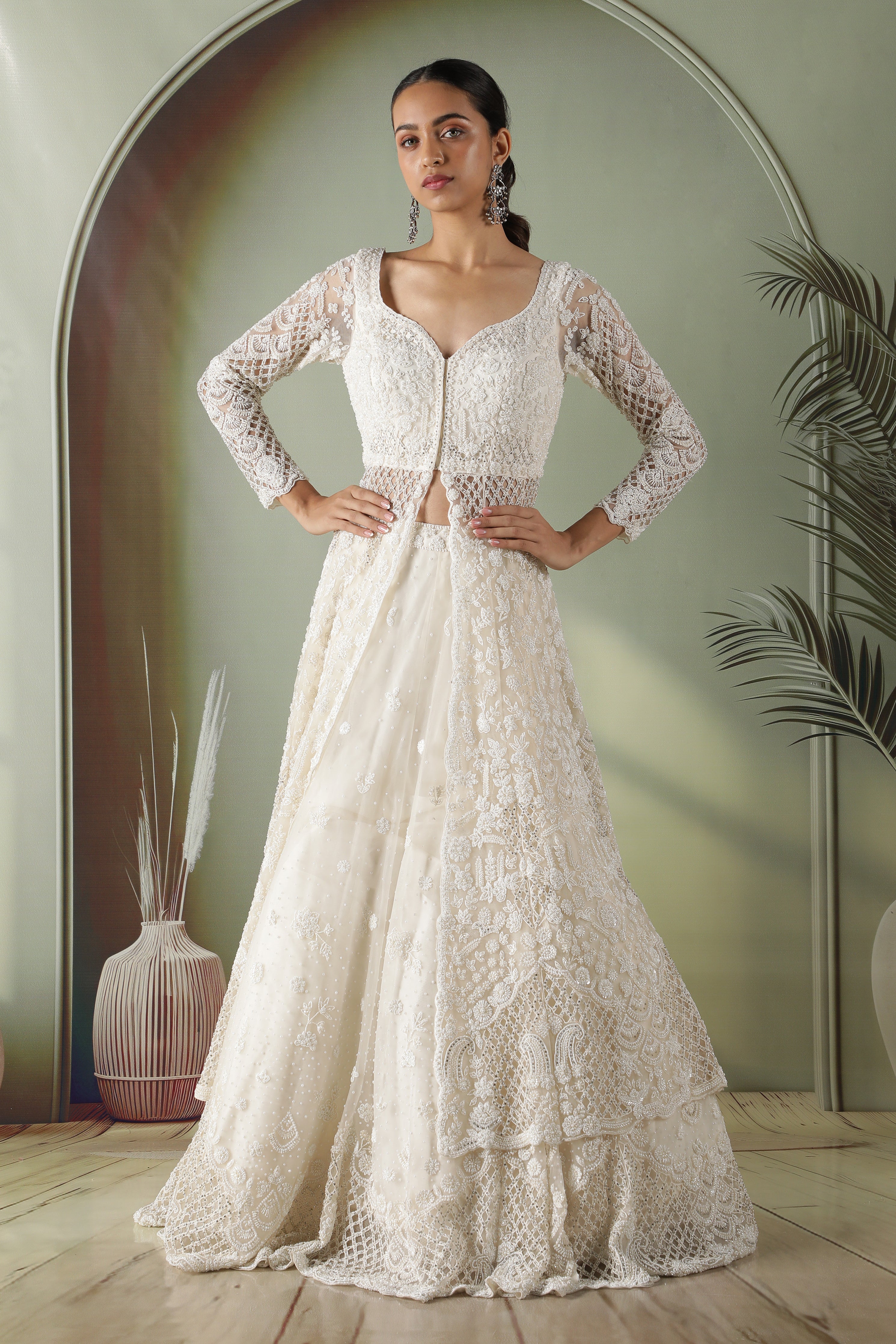 Radiant Pearl Cutwork Net Jacket Lehenga Set