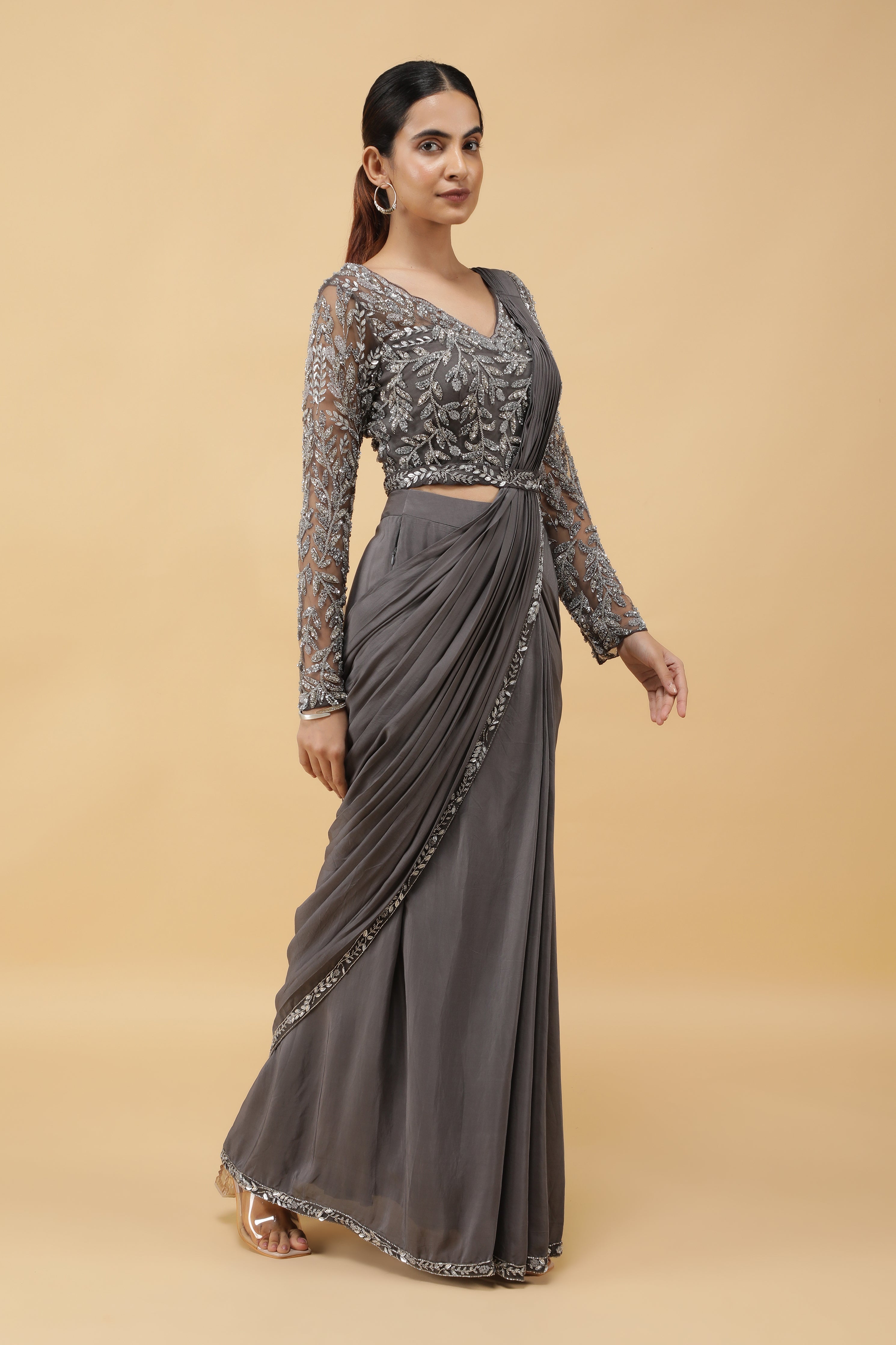 Charcoal Embroidered Drape Saree
