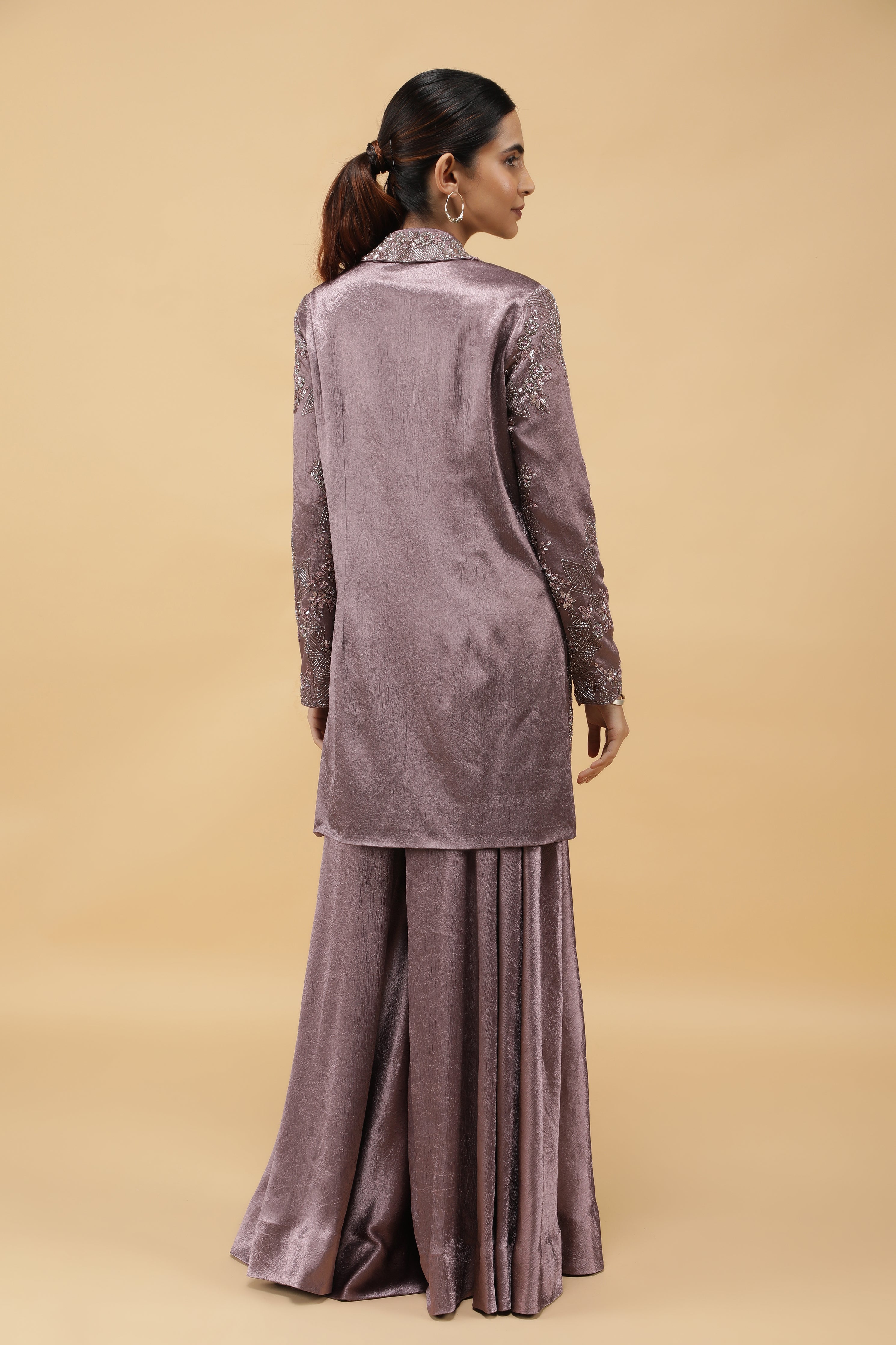 Mauve Textured Silk Embroidered Jacket Set