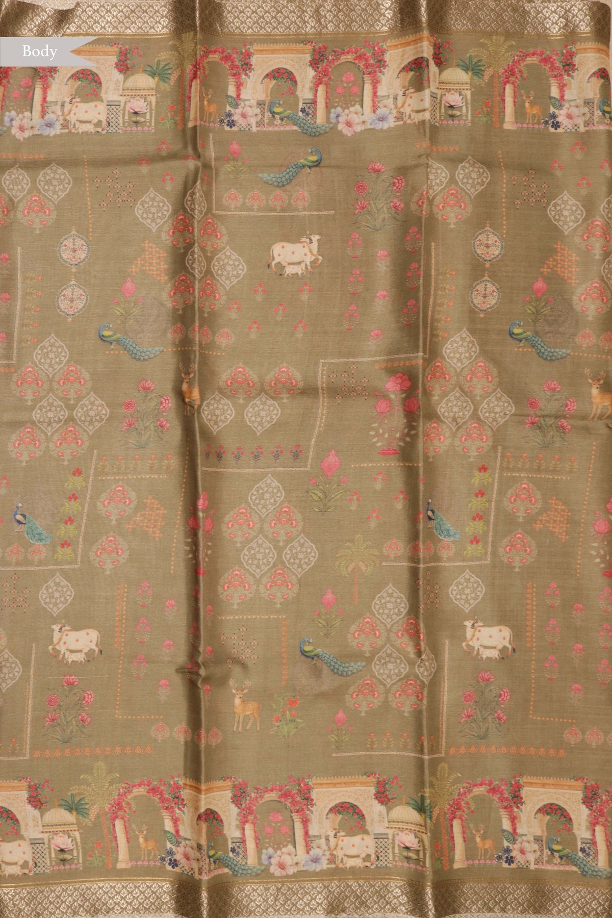 Olive Green Tussar Silk Digital Print Saree