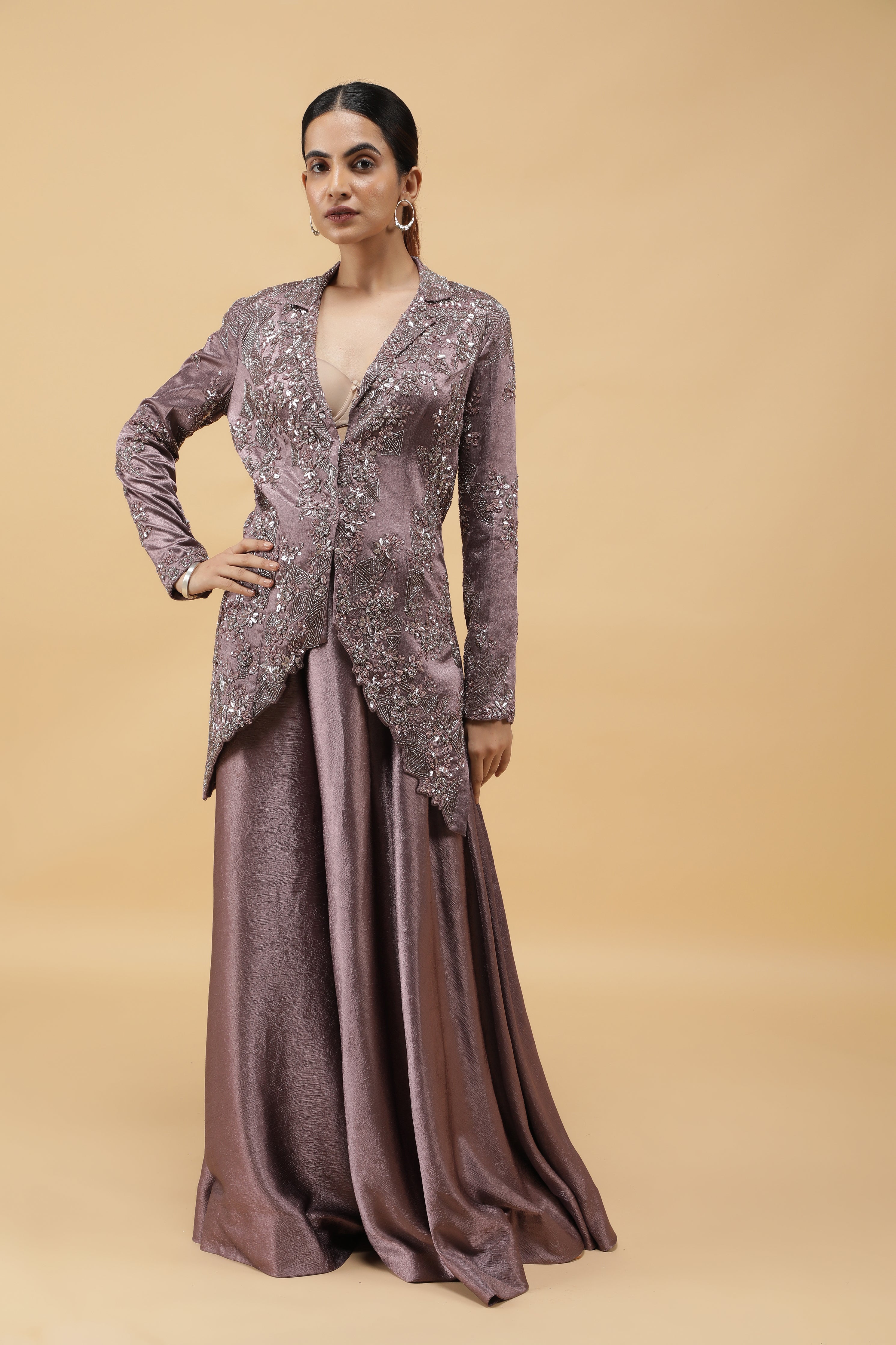 Mauve Textured Silk Embroidered Jacket Set