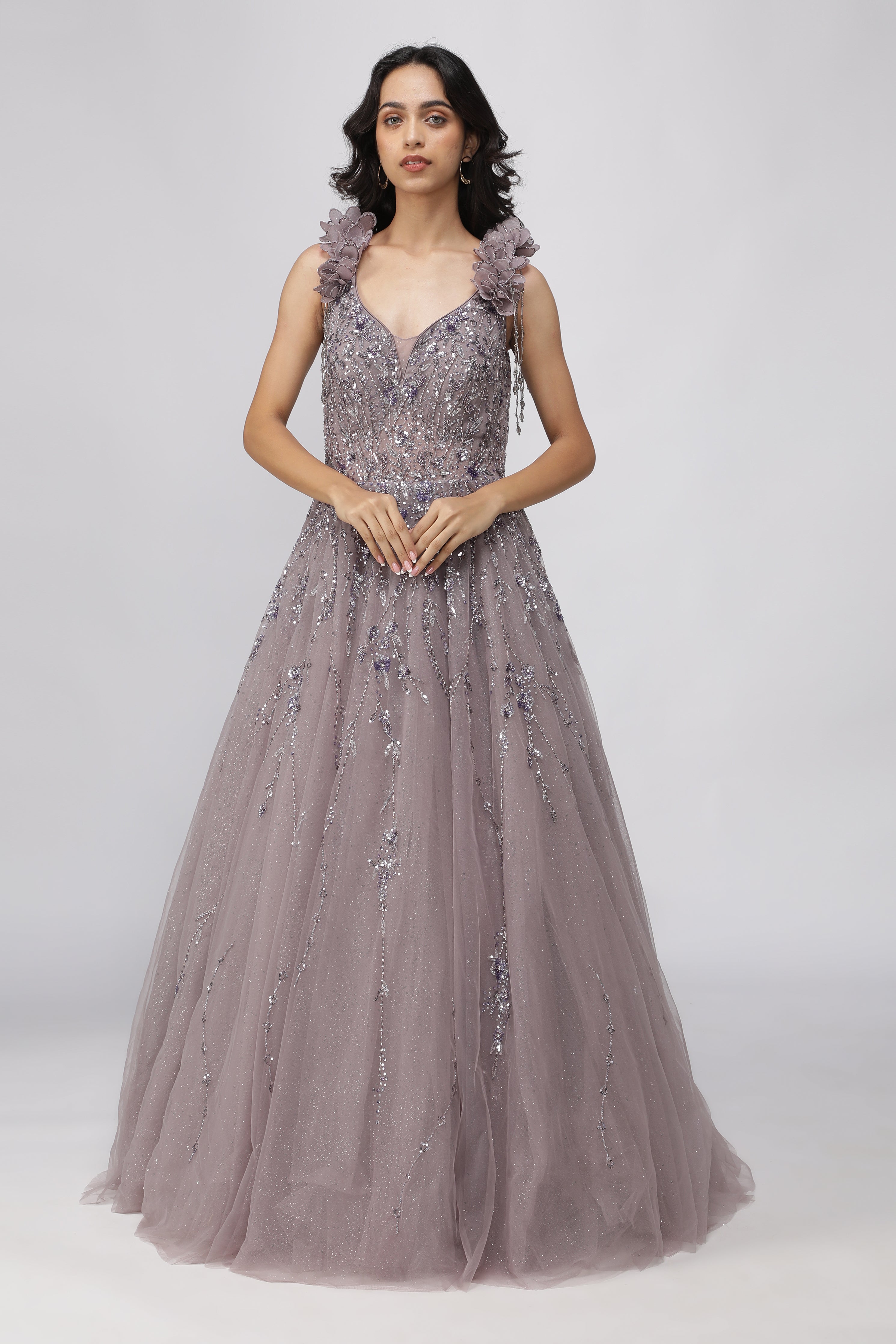 Dusty Purple Net Gown with Sequin and Pearl Embroidery