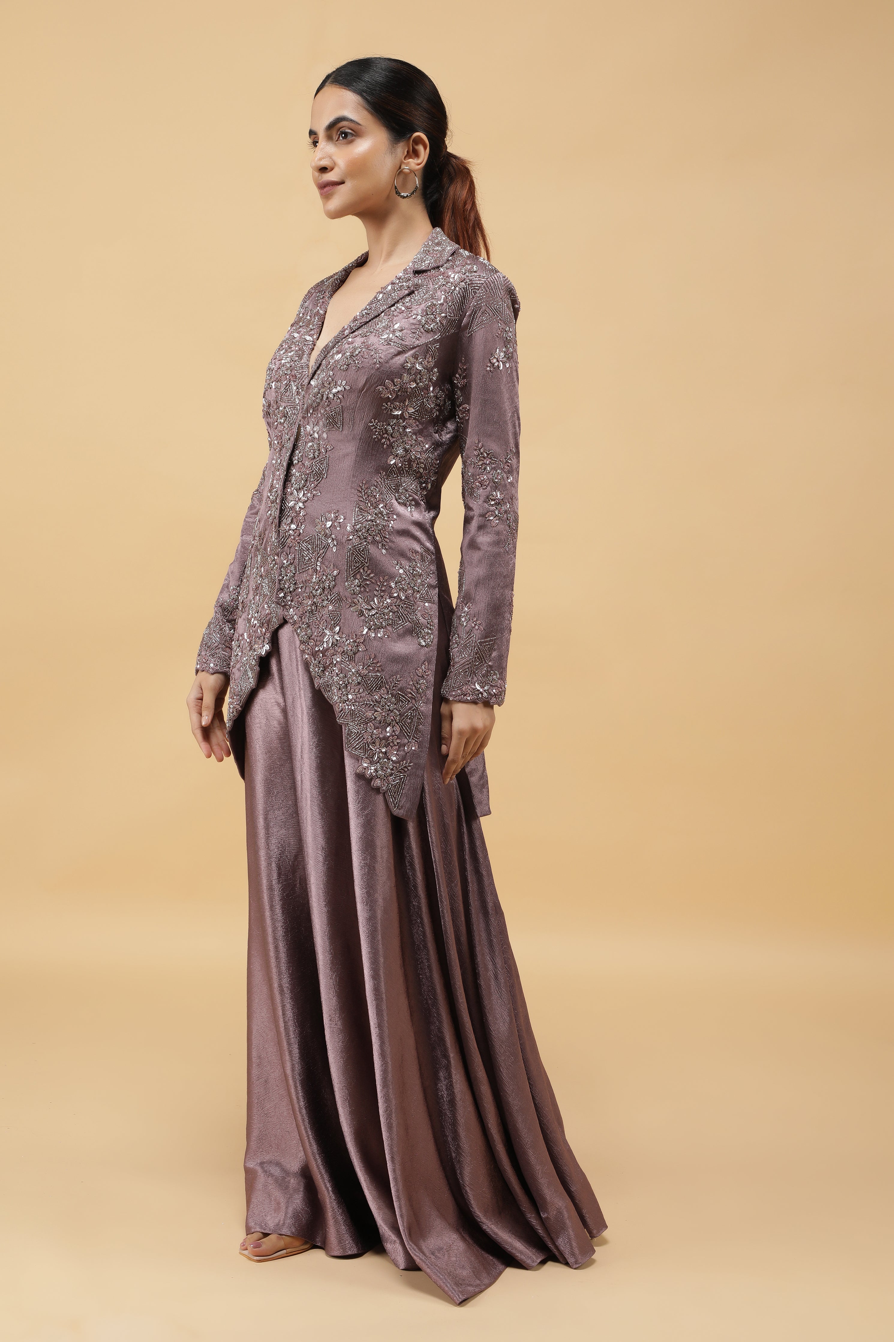 Mauve Textured Silk Embroidered Jacket Set