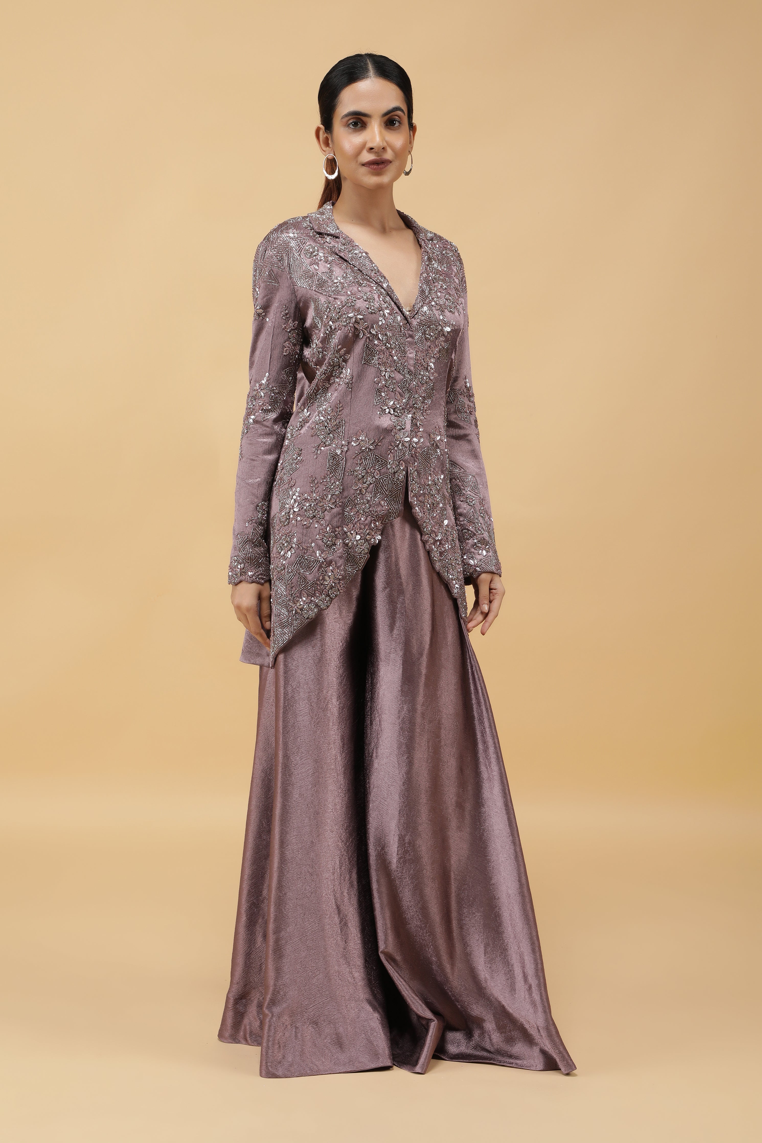 Mauve Textured Silk Embroidered Jacket Set