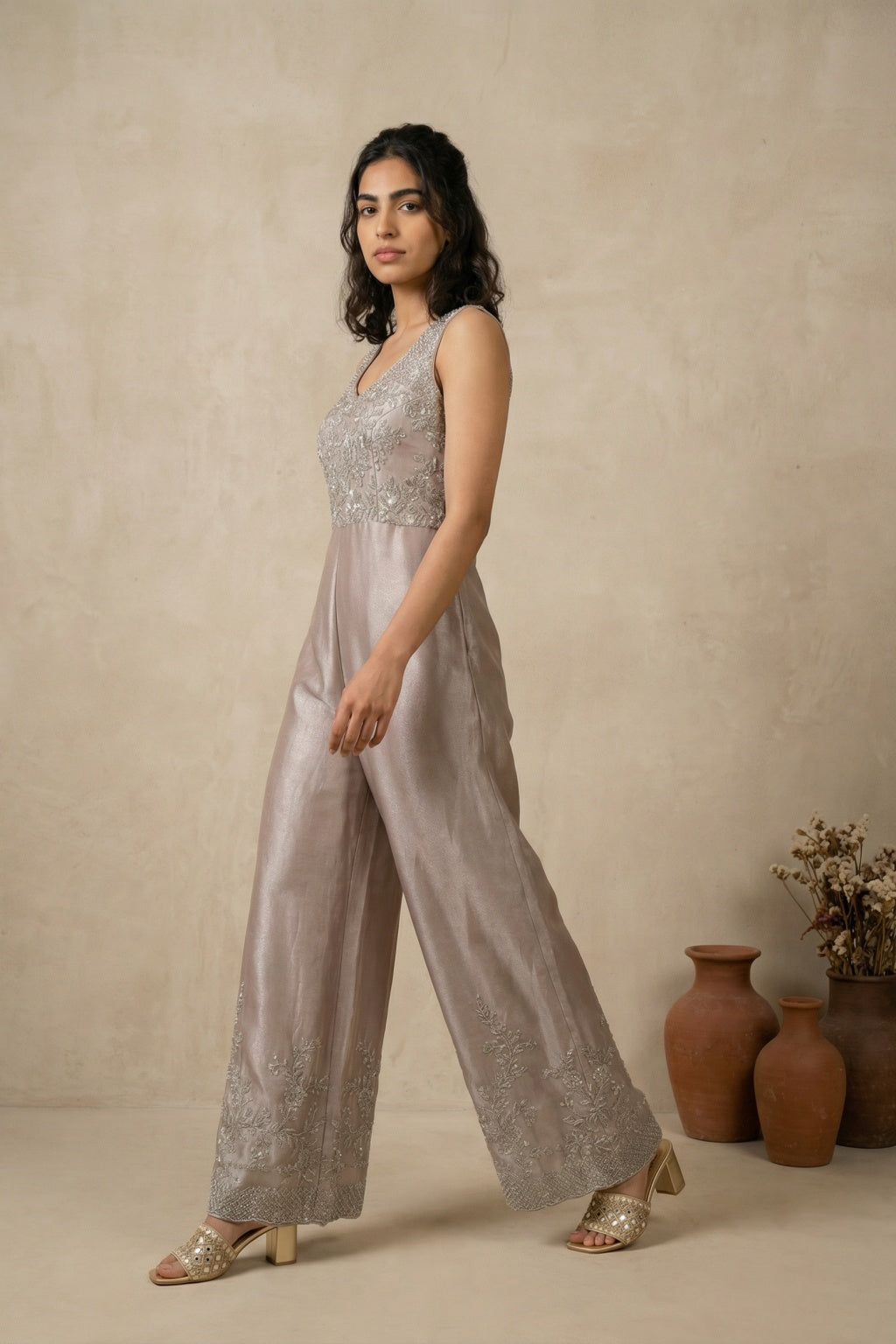 Shimmer Crepe Embellished Jumpsuit - Mokshaa