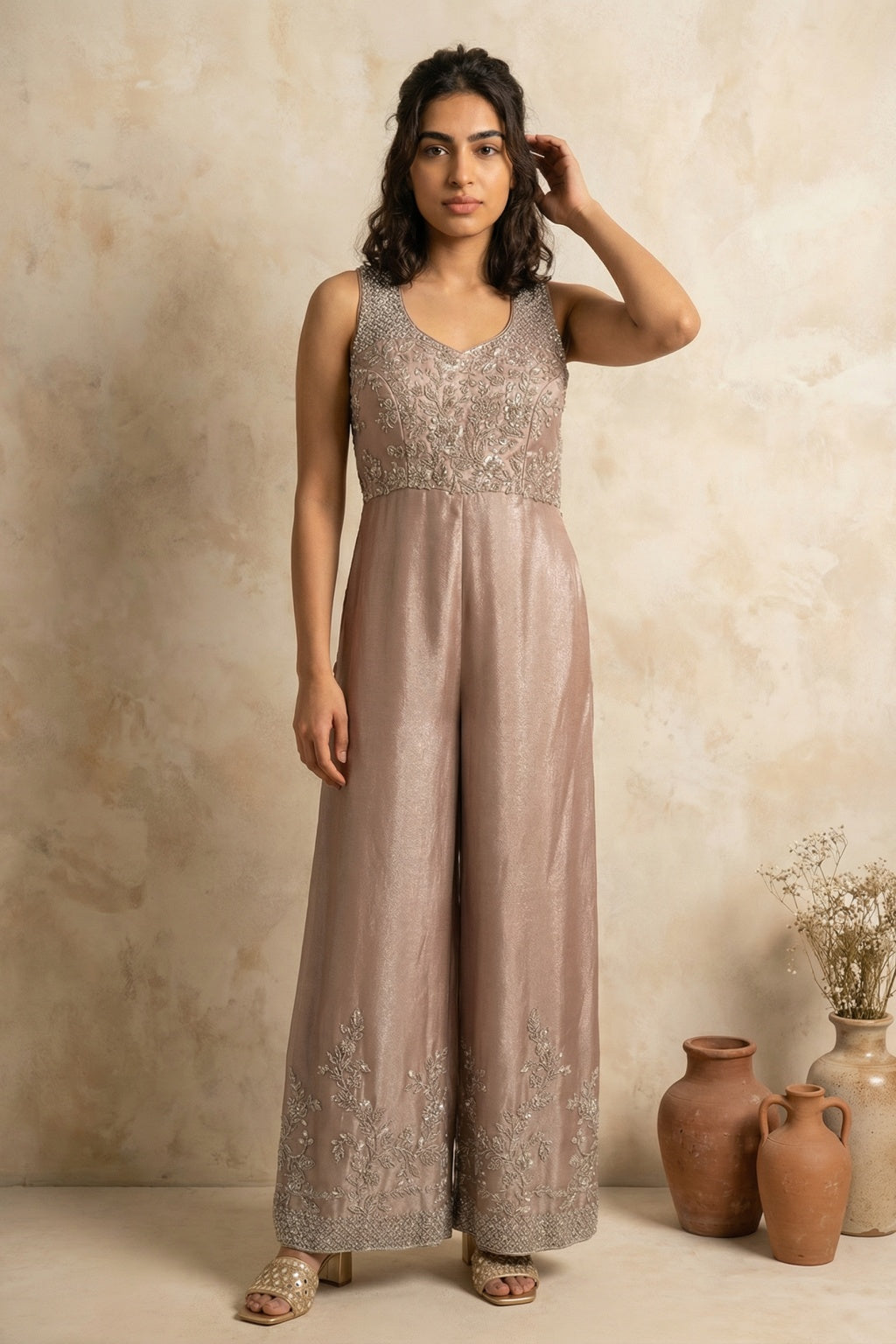 Shimmer Crepe Embellished Jumpsuit - Mokshaa