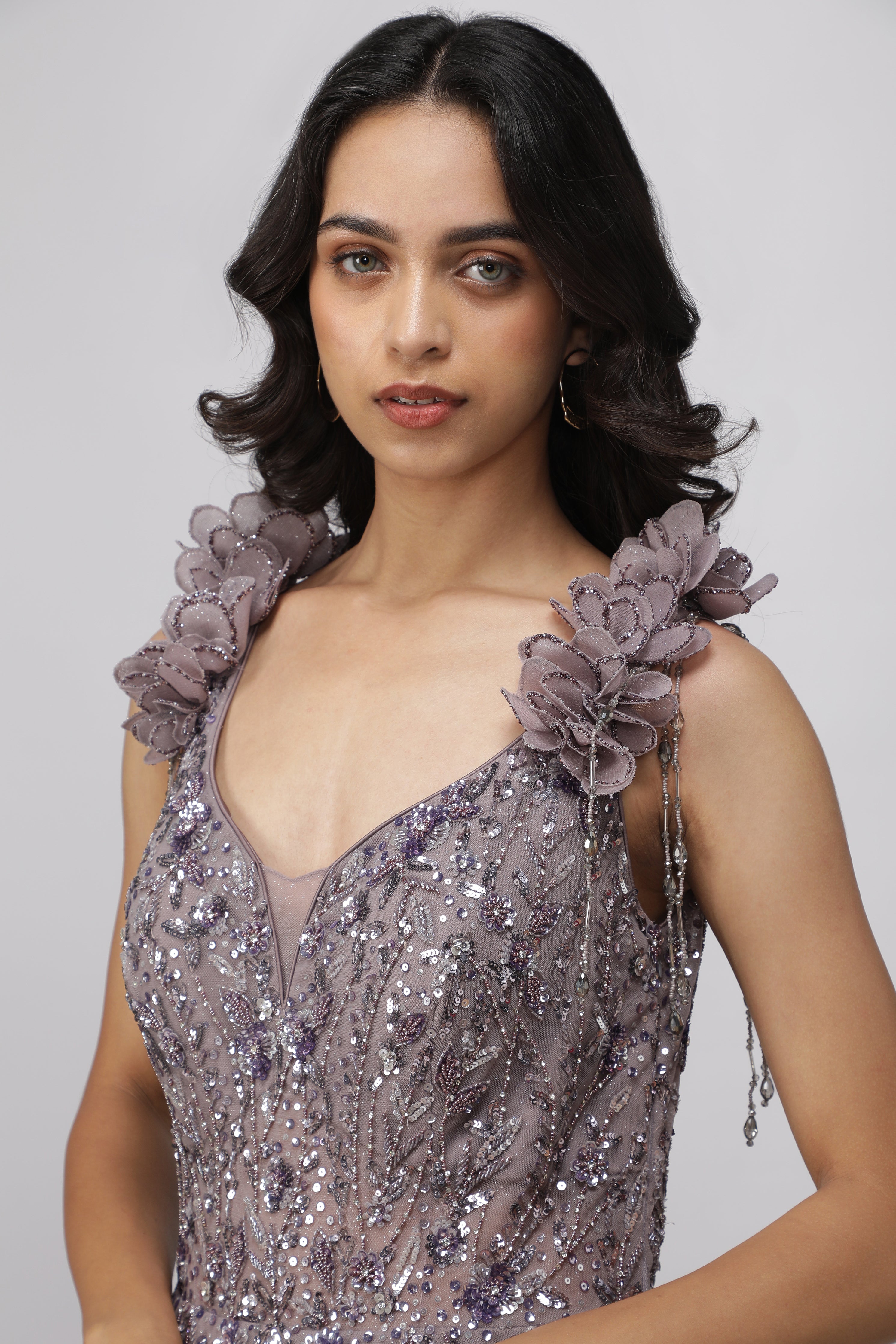 Dusty Purple Net Gown with Sequin and Pearl Embroidery