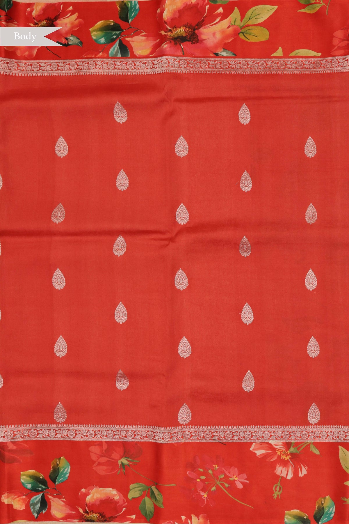 Red Tussar Silk Saree with Floral Digital Print Border