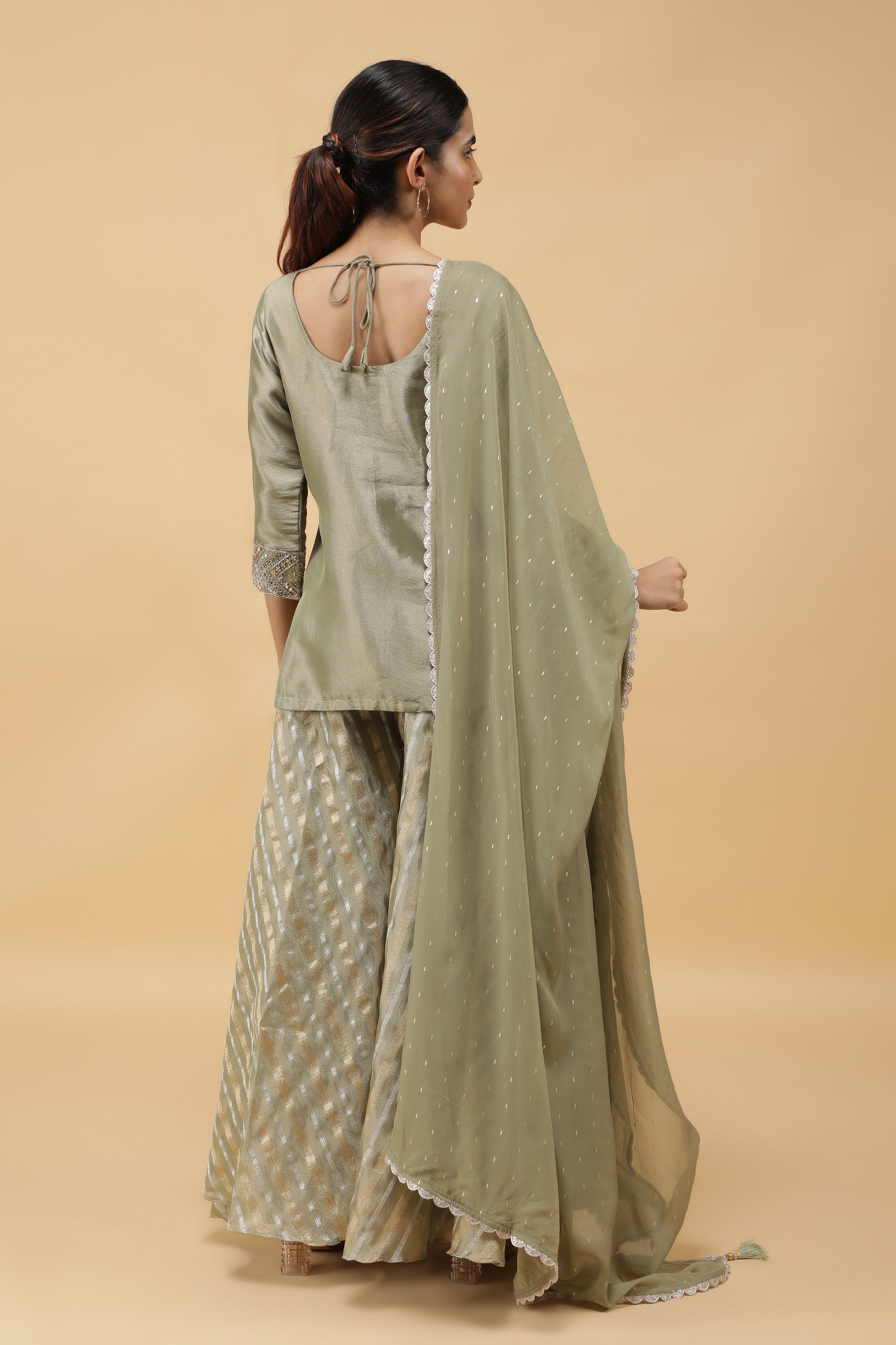 Sage Banarasi Tissue Indo-western Top & Palazzo Set