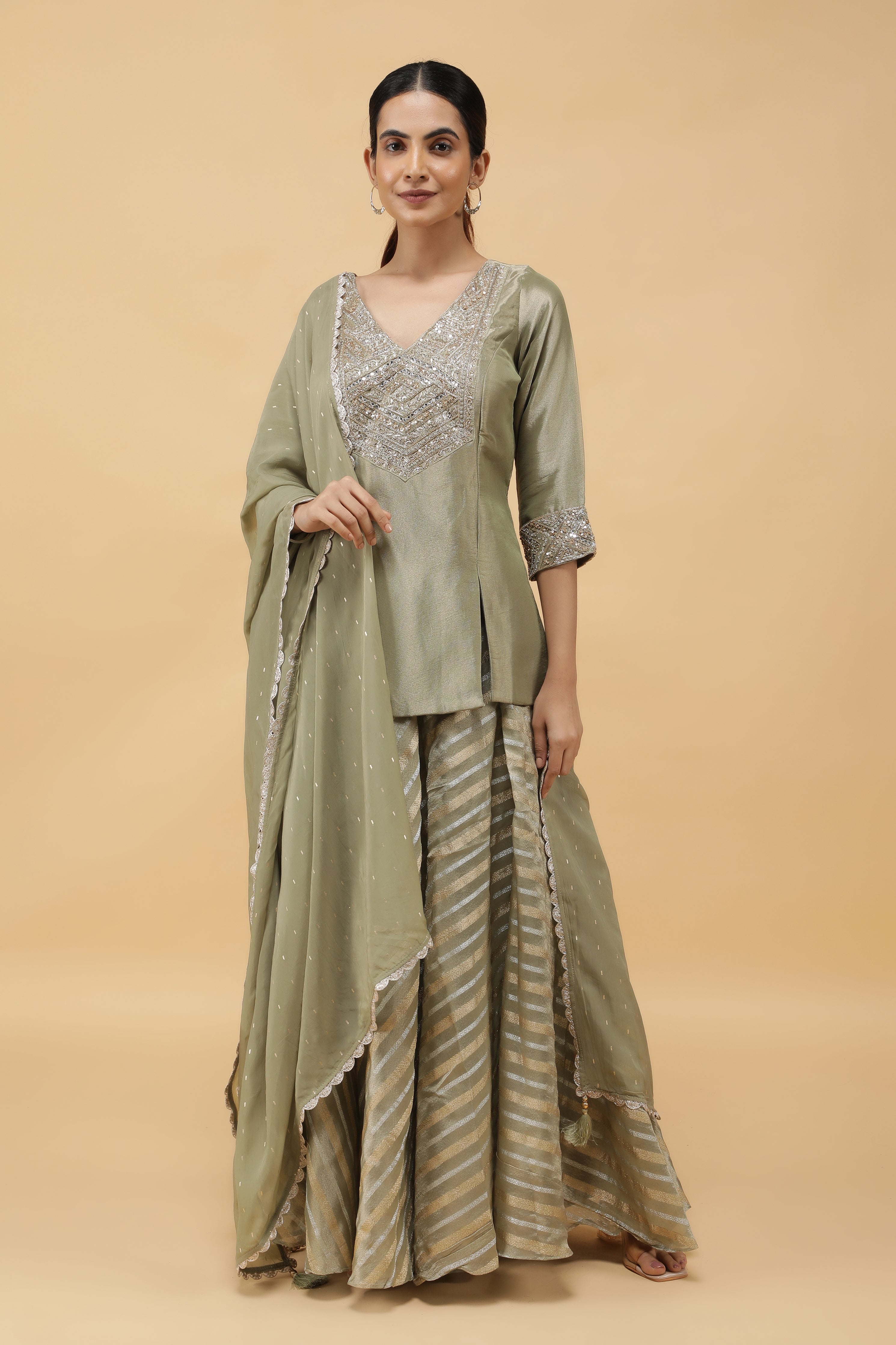Sage Banarasi Tissue Indo-western Top & Palazzo Set