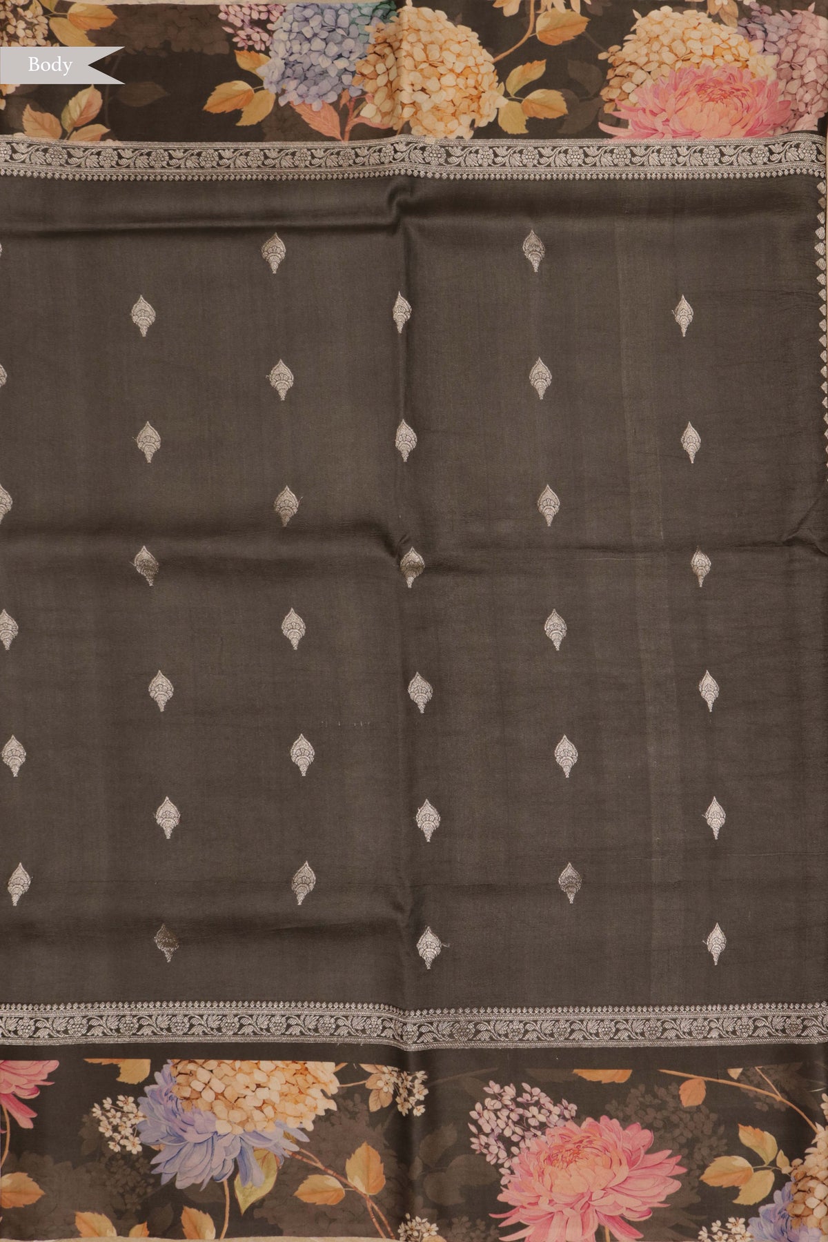 Grey Tussar Silk Saree with Digital Floral Border