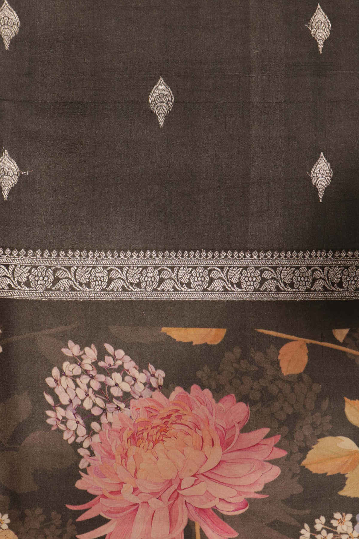 Grey Tussar Silk Saree with Digital Floral Border