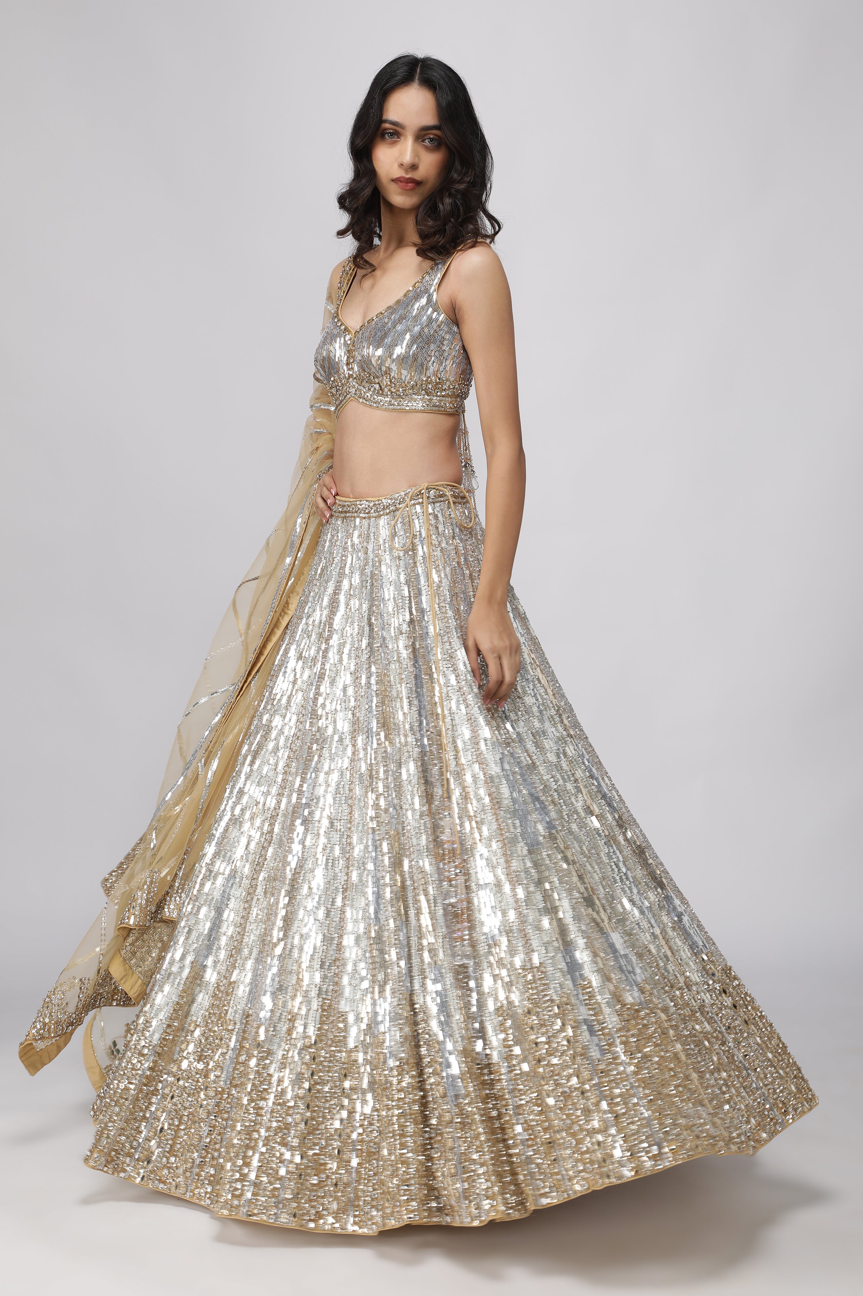 Gold Net Silver & Gold Embroidered Lehenga Set