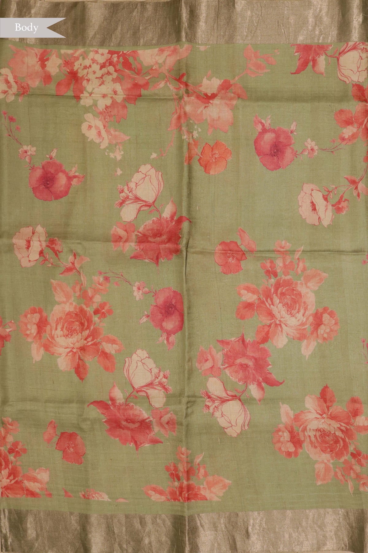 Green Tussar Silk Saree with Floral Print