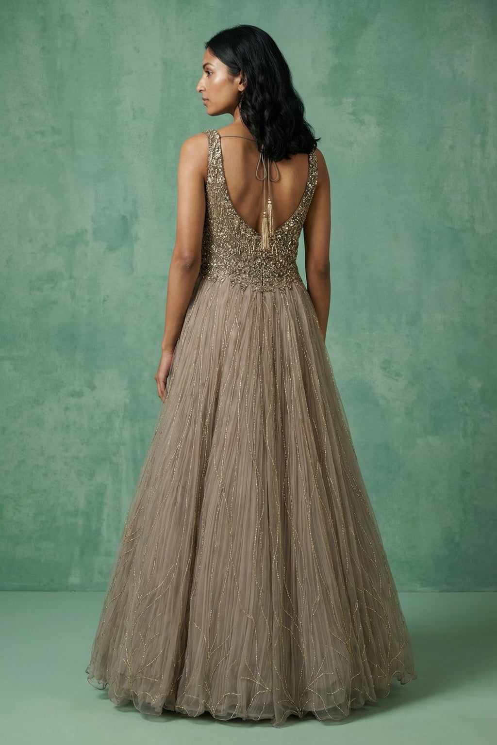 Champagne Gold Embroidered Net Gown
