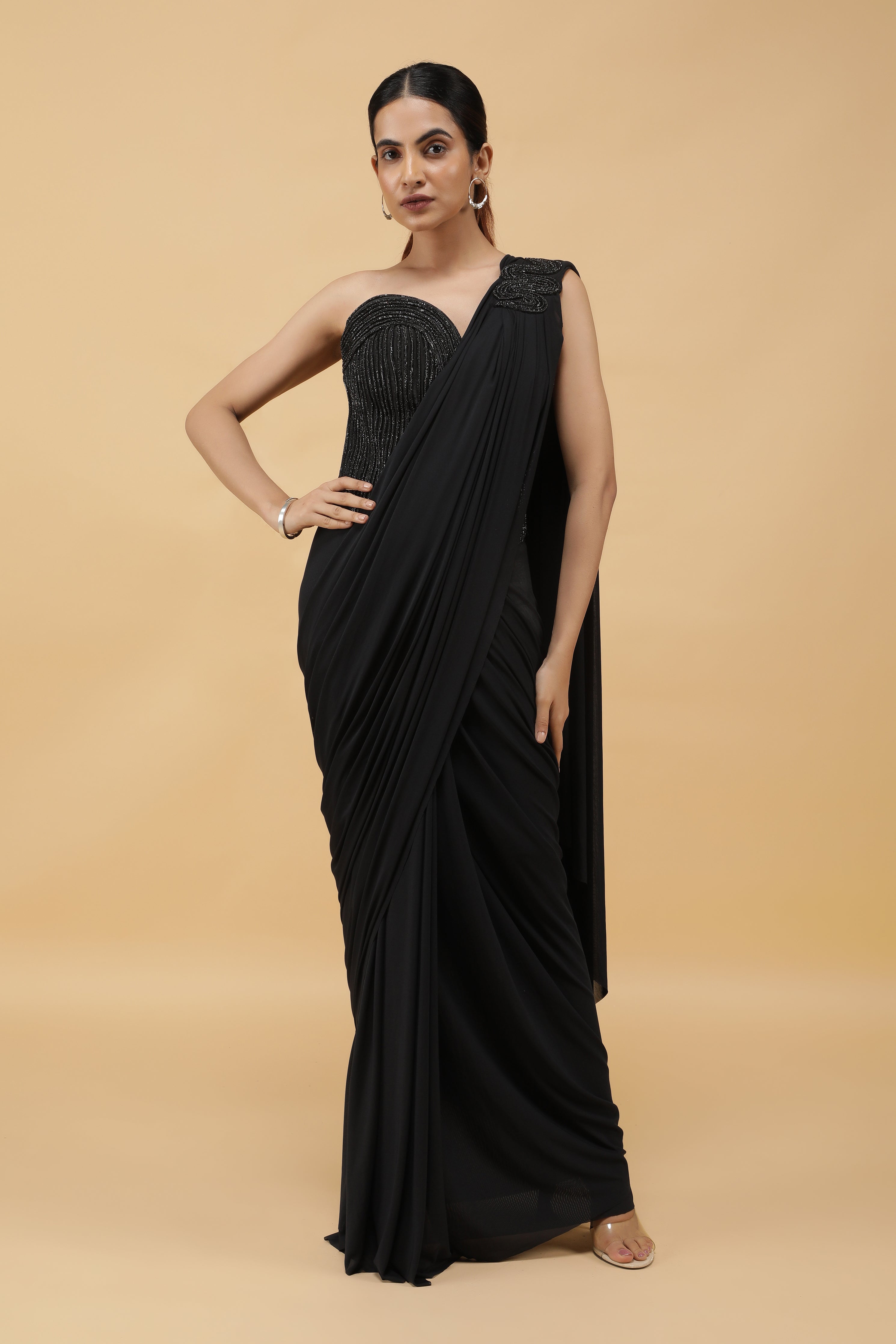 Black Lycra Net Corset Blouse with Drape Saree