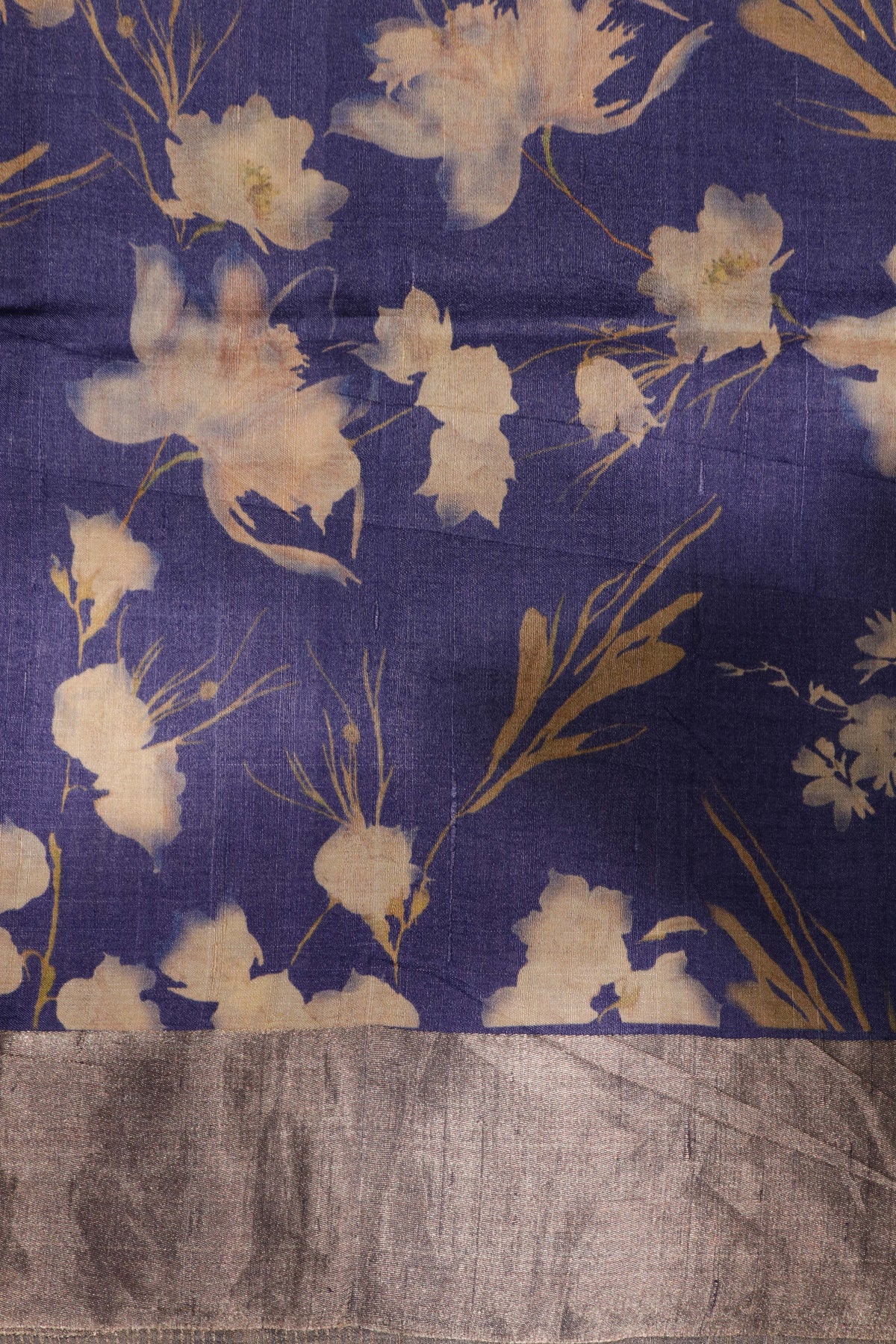 Ink Blue Floral Tussar Silk Saree