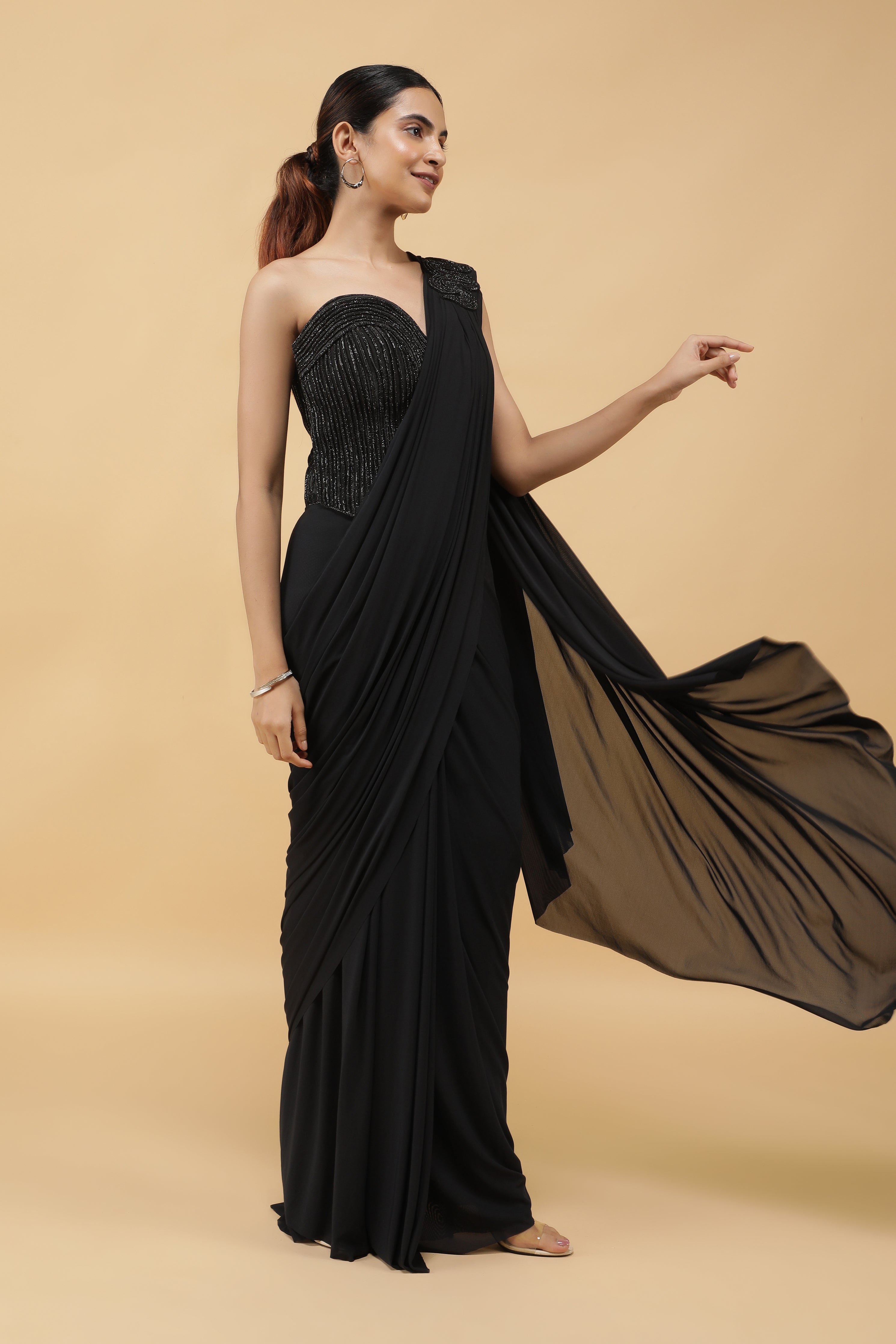 Black Lycra Net Corset Blouse with Drape Saree