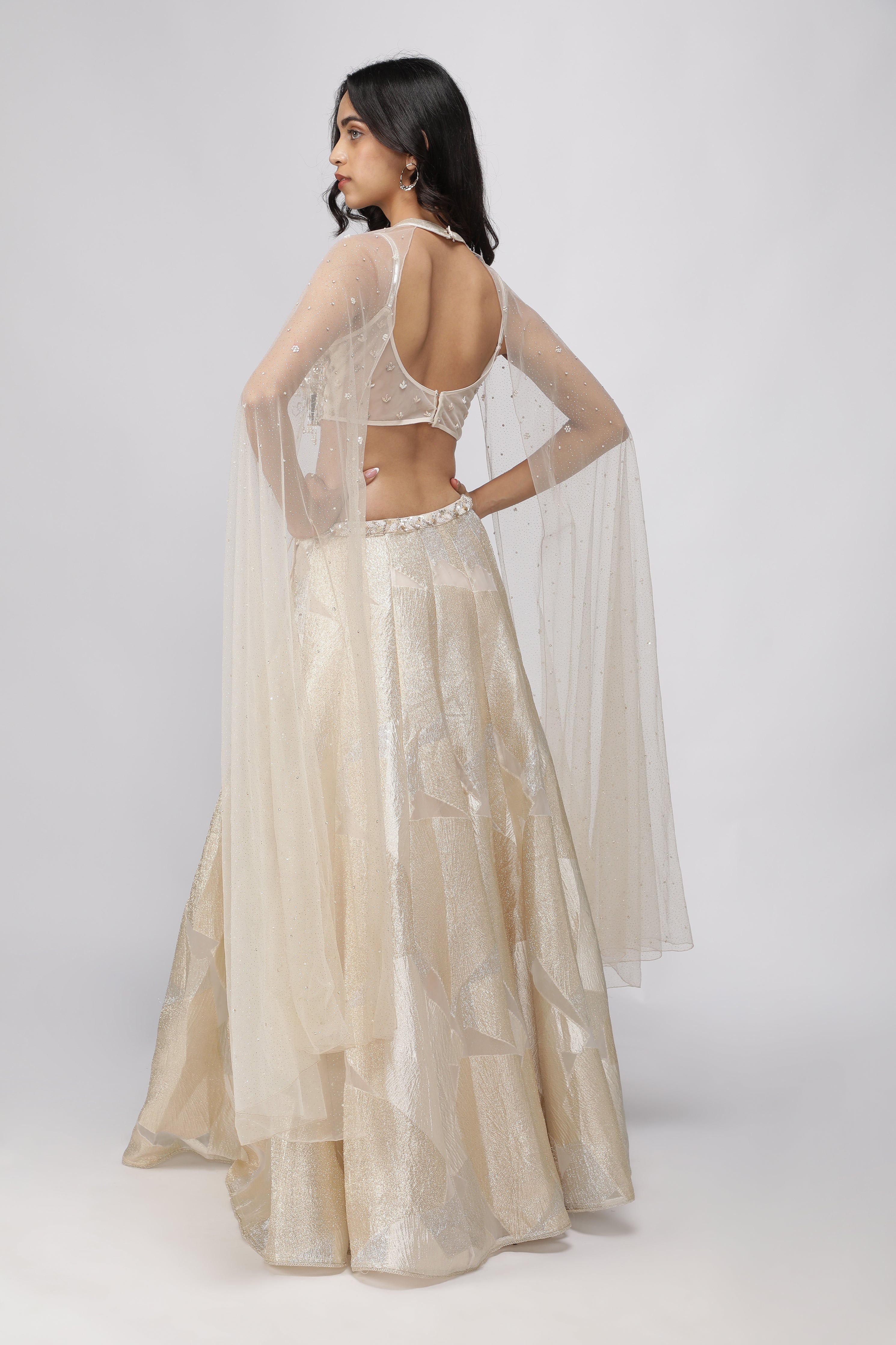 Off-White Gold & Silver Woven Organza Crop Top Lehenga Set
