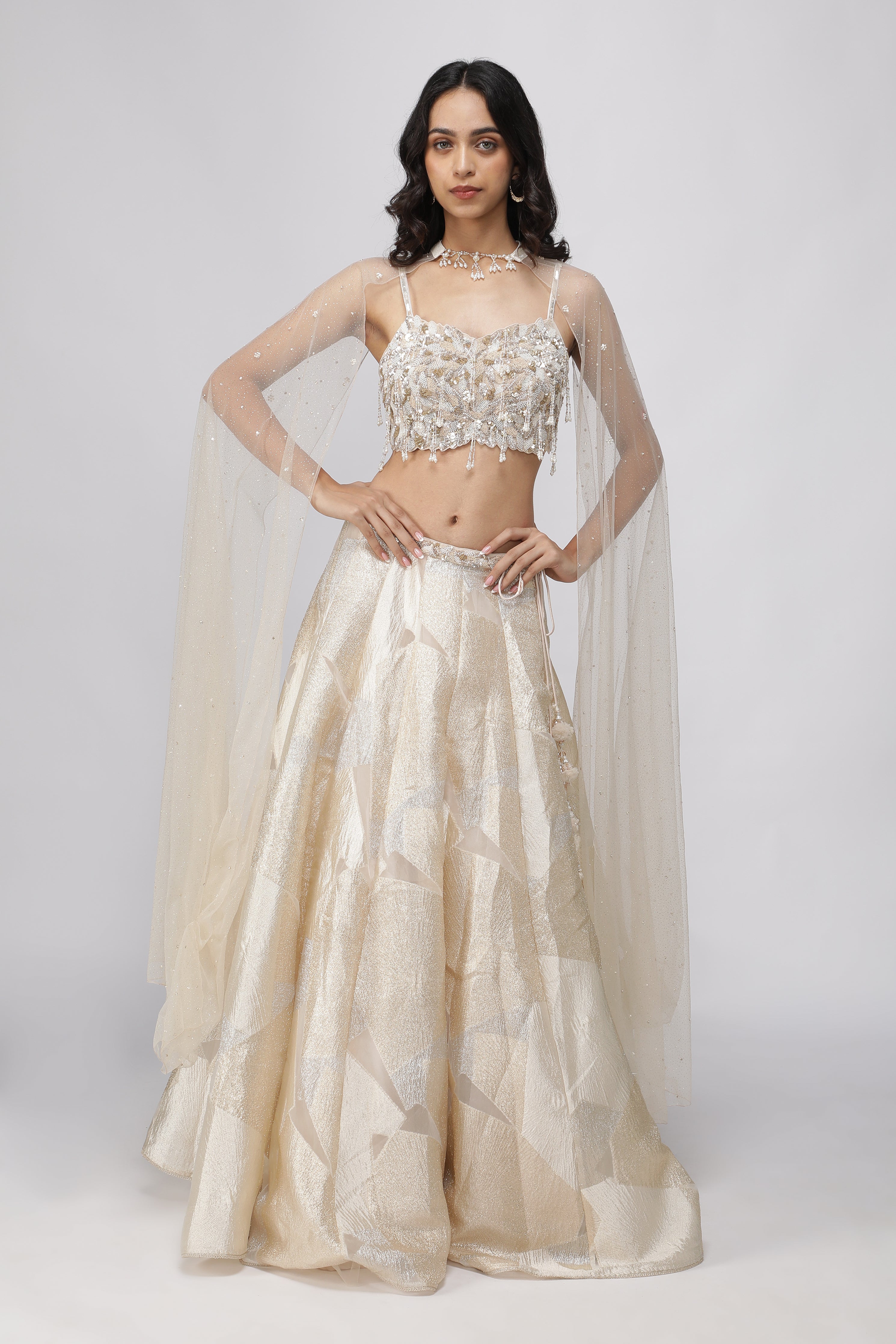 Off-White Gold & Silver Woven Organza Crop Top Lehenga Set