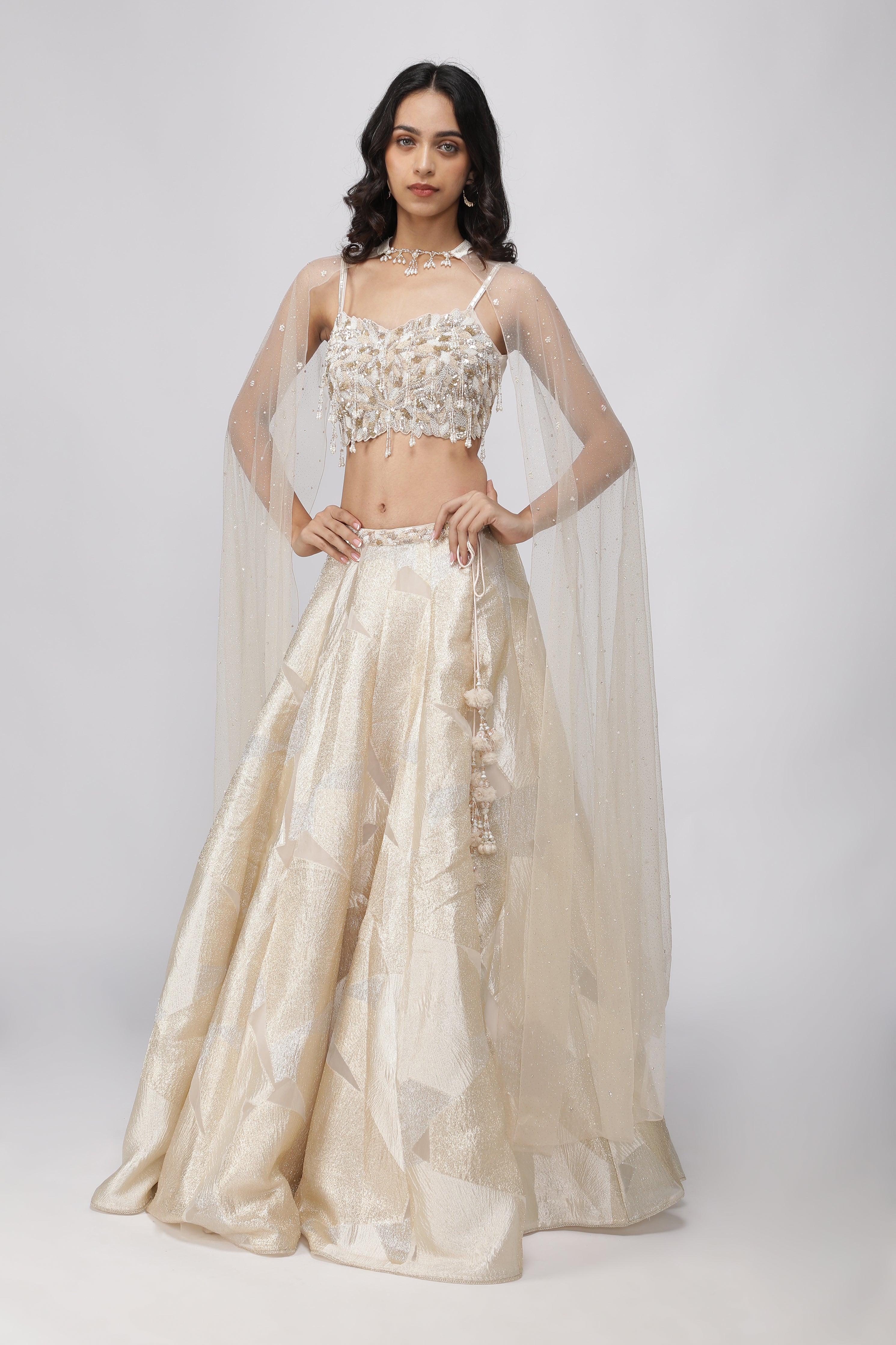Off-White Gold & Silver Woven Organza Crop Top Lehenga Set