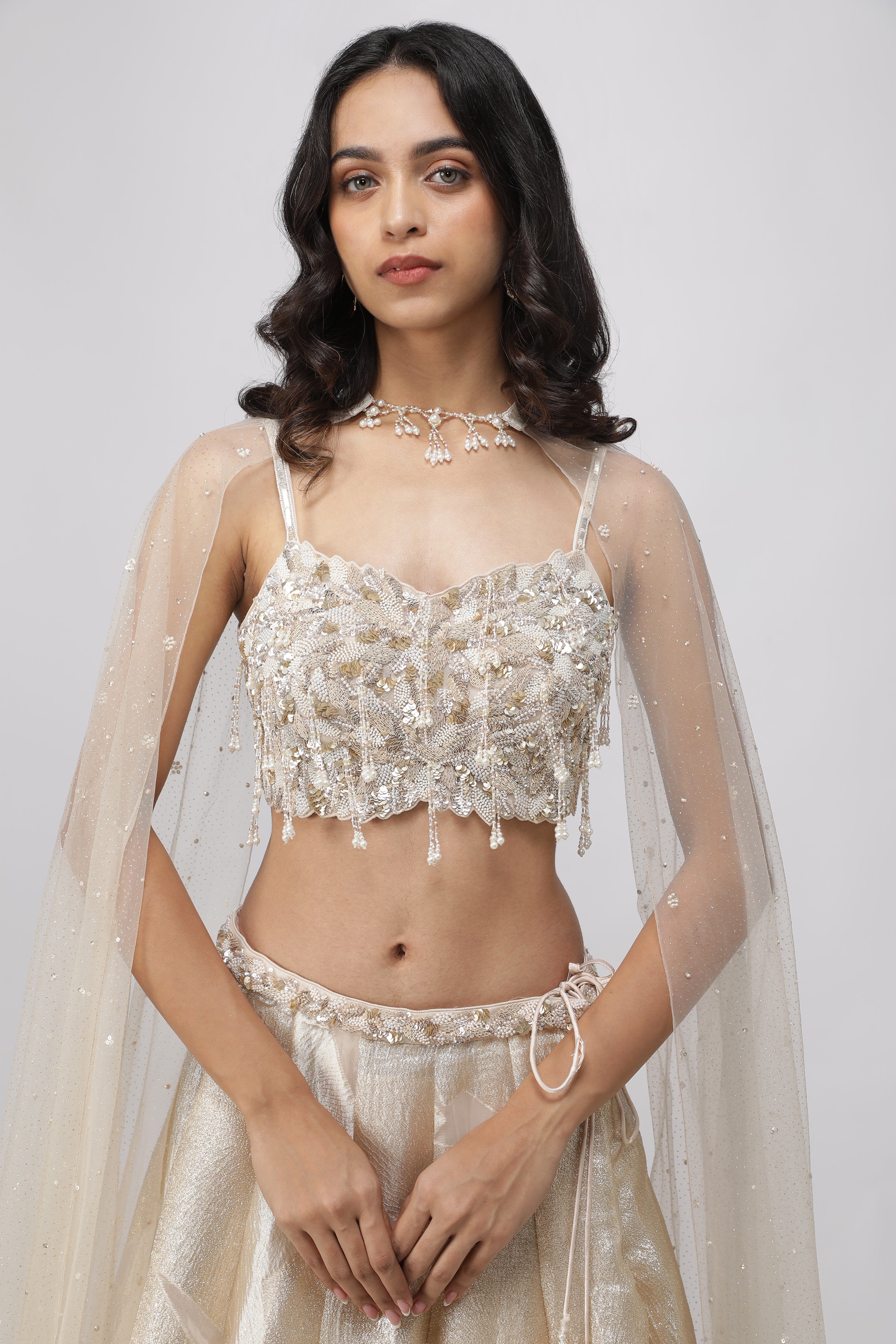 Off-White Gold & Silver Woven Organza Crop Top Lehenga Set
