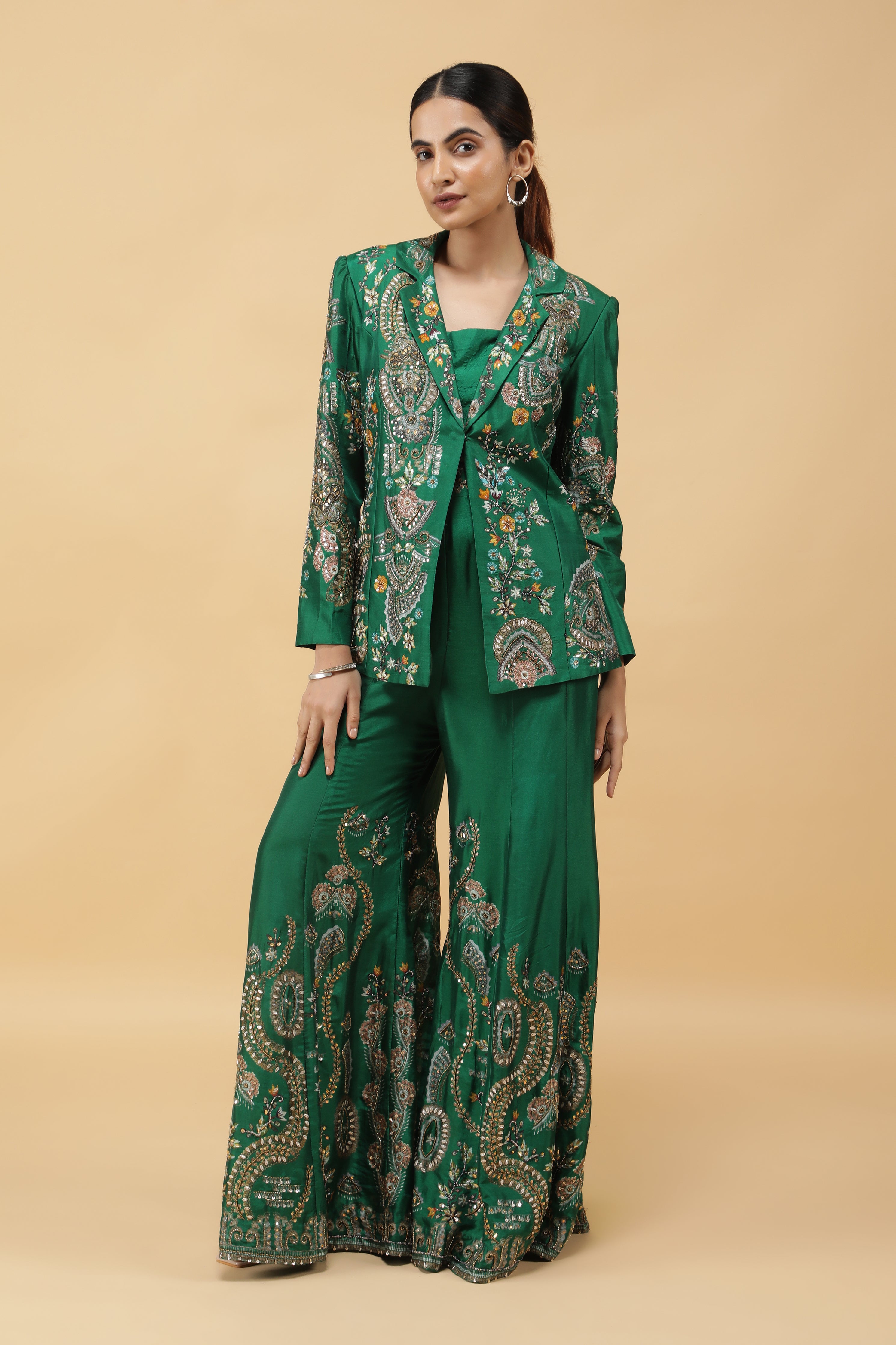 Emerald Silk Printed Blazer Indowestern Set