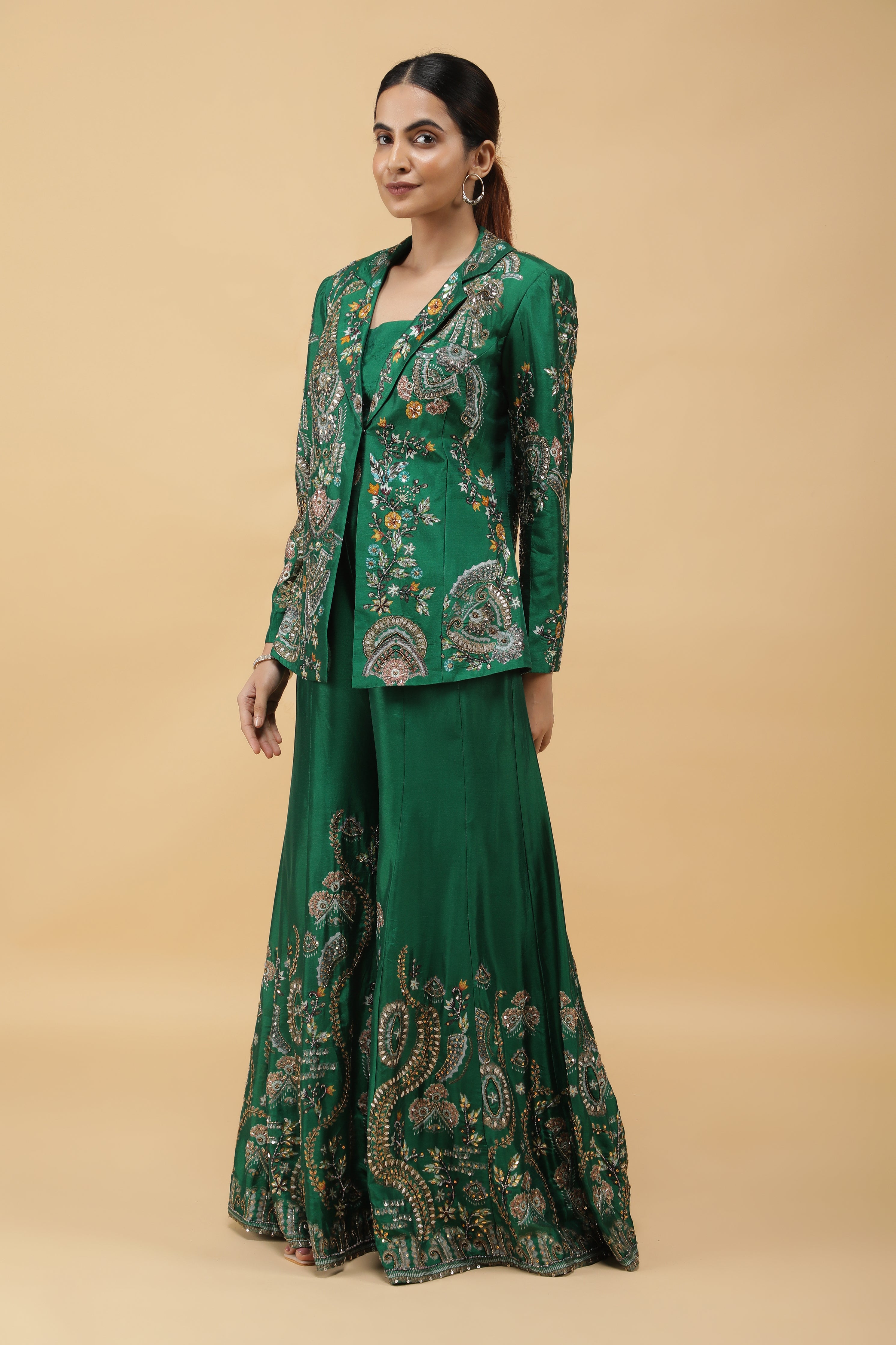 Emerald Silk Printed Blazer Indowestern Set