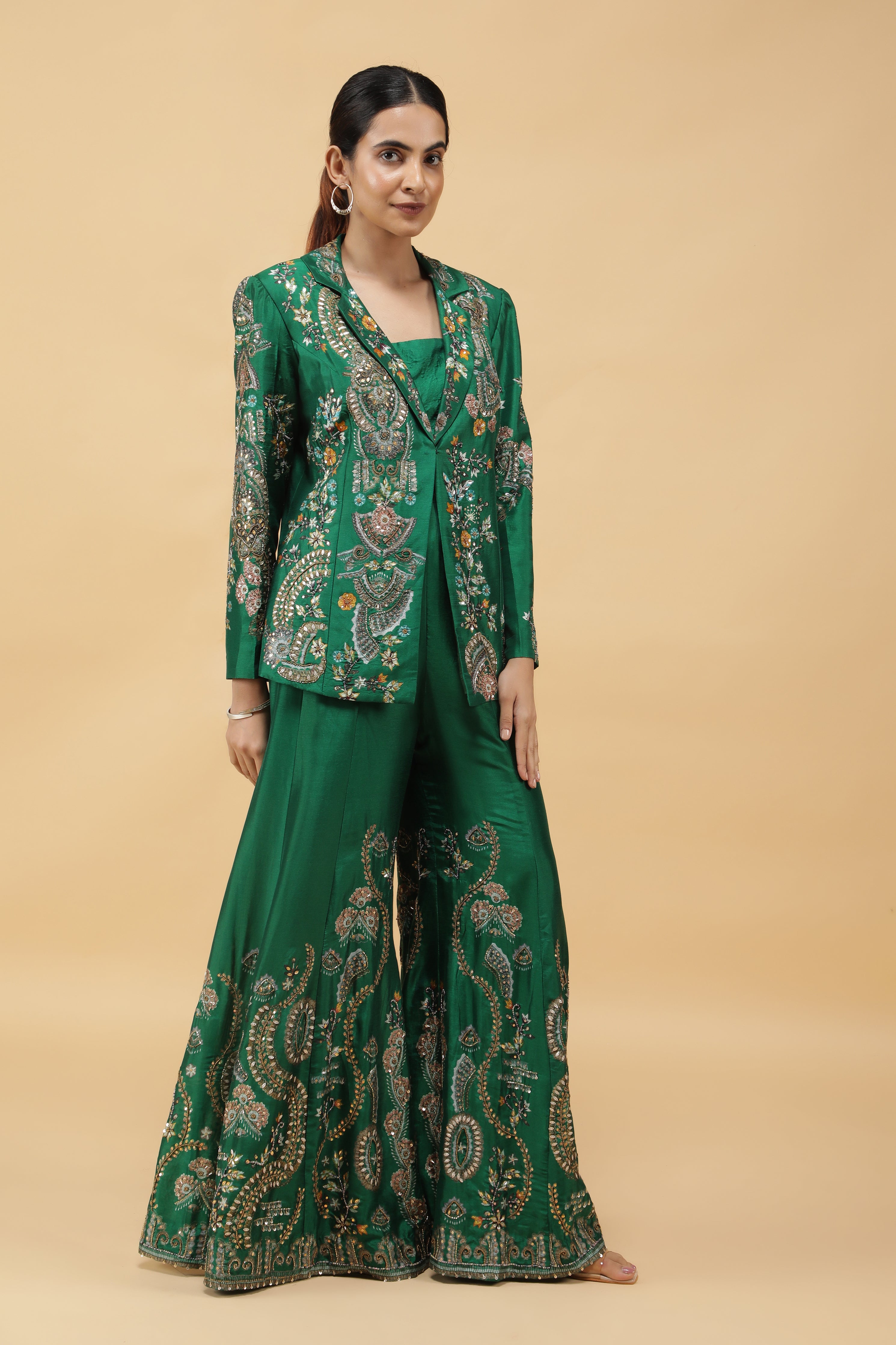 Emerald Silk Printed Blazer Indowestern Set