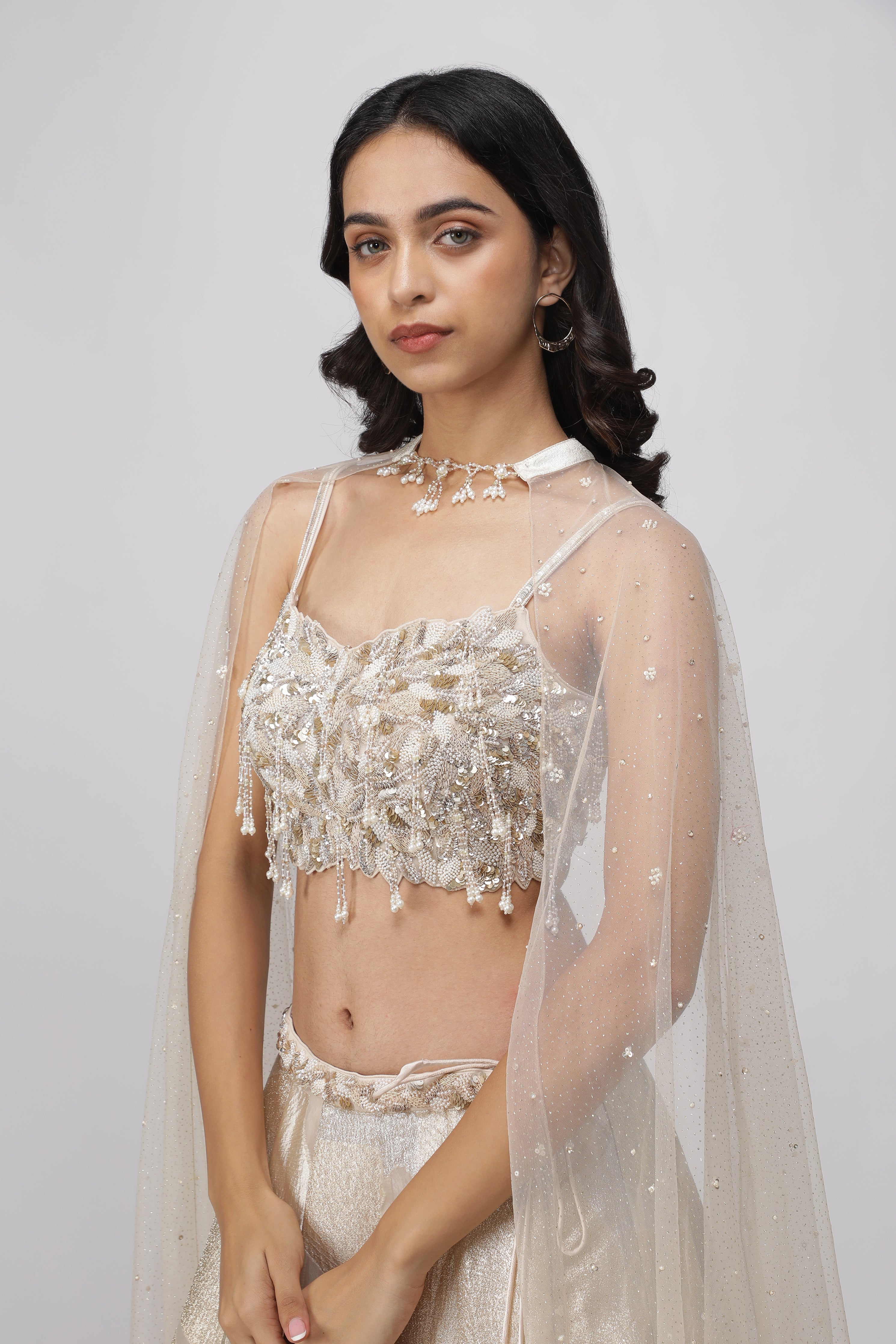 Off-White Gold & Silver Woven Organza Crop Top Lehenga Set