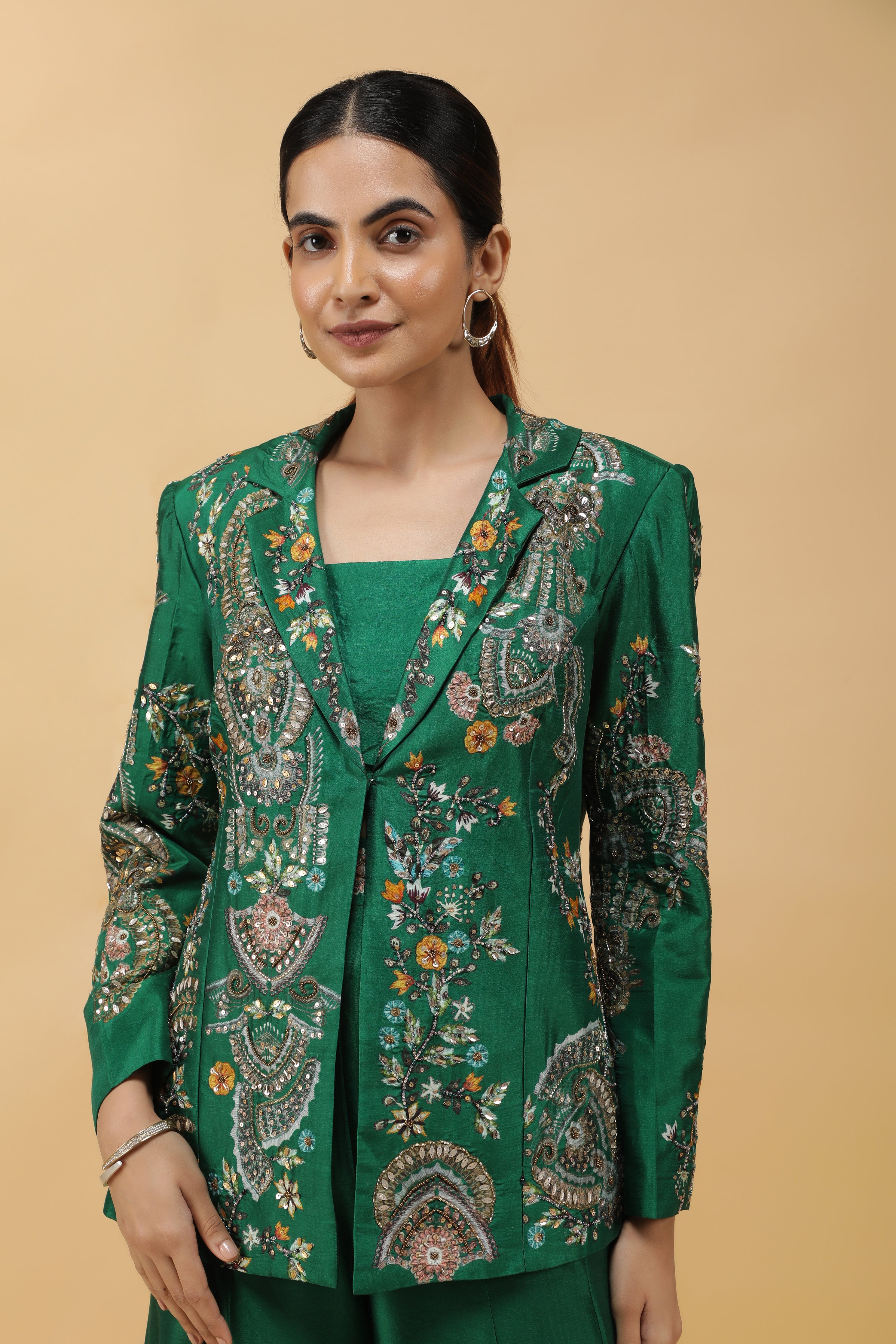 Emerald Silk Printed Blazer Indowestern Set