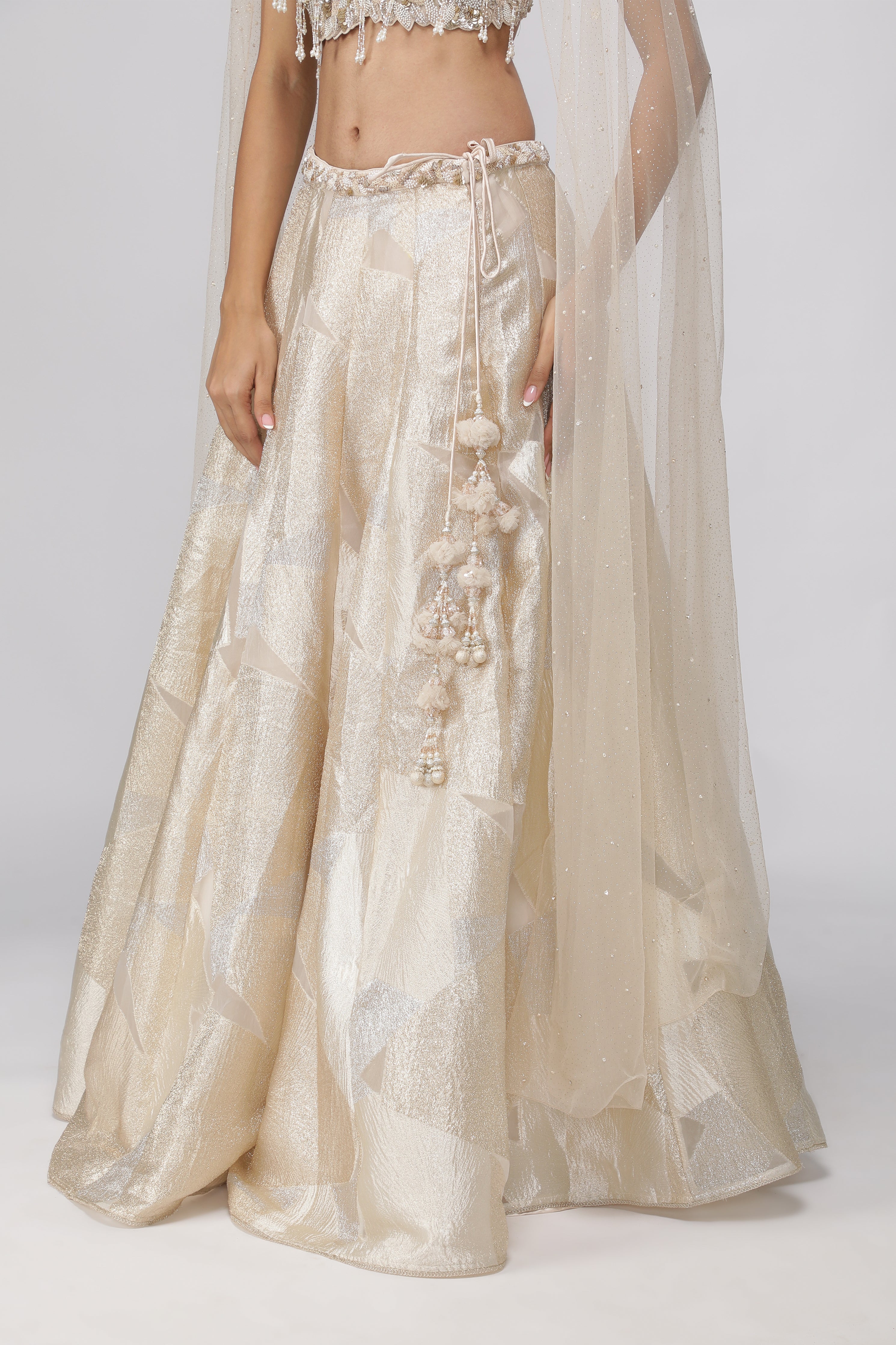 Off-White Gold & Silver Woven Organza Crop Top Lehenga Set
