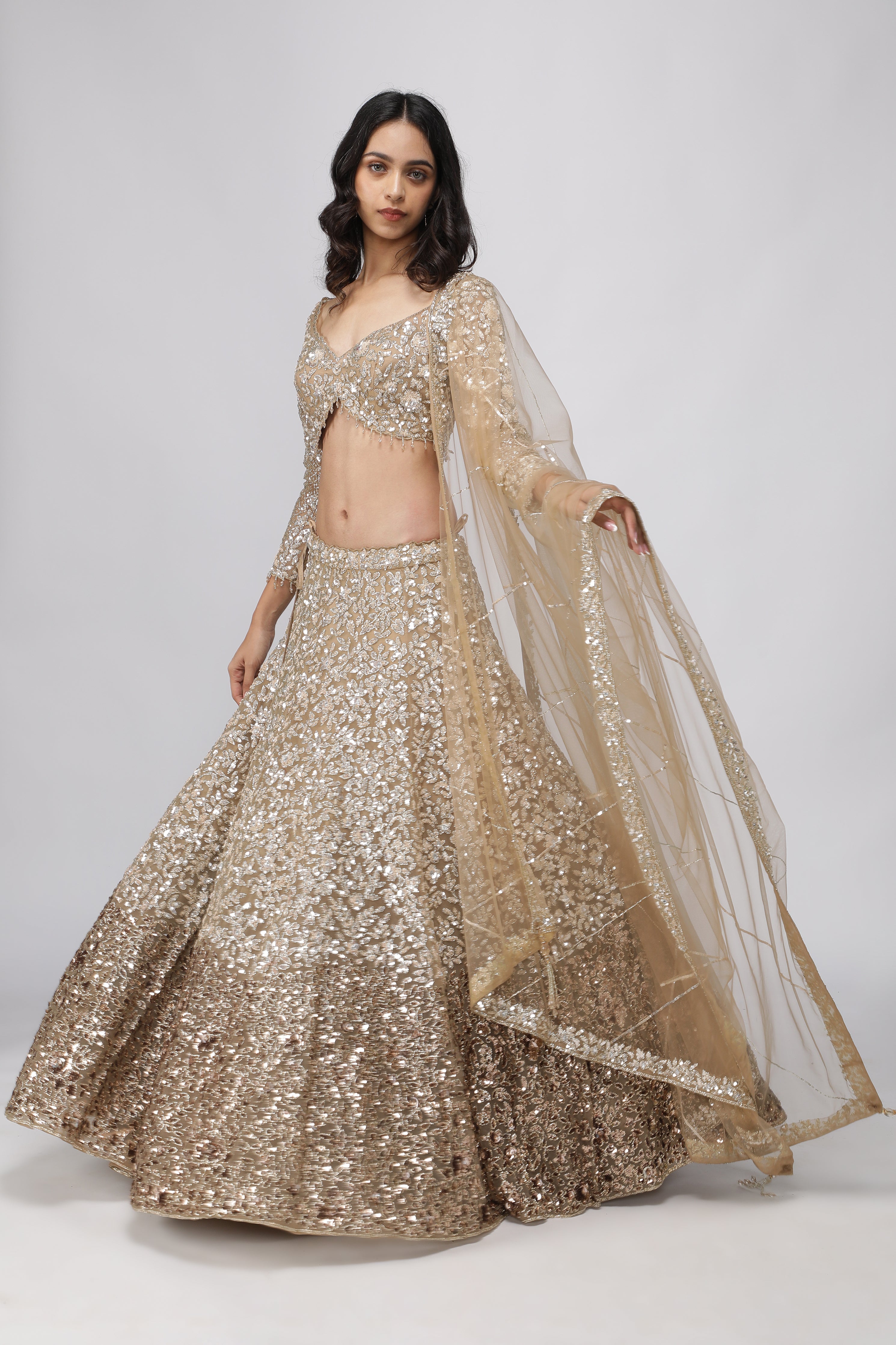 Dark Gold Net Lehenga Set