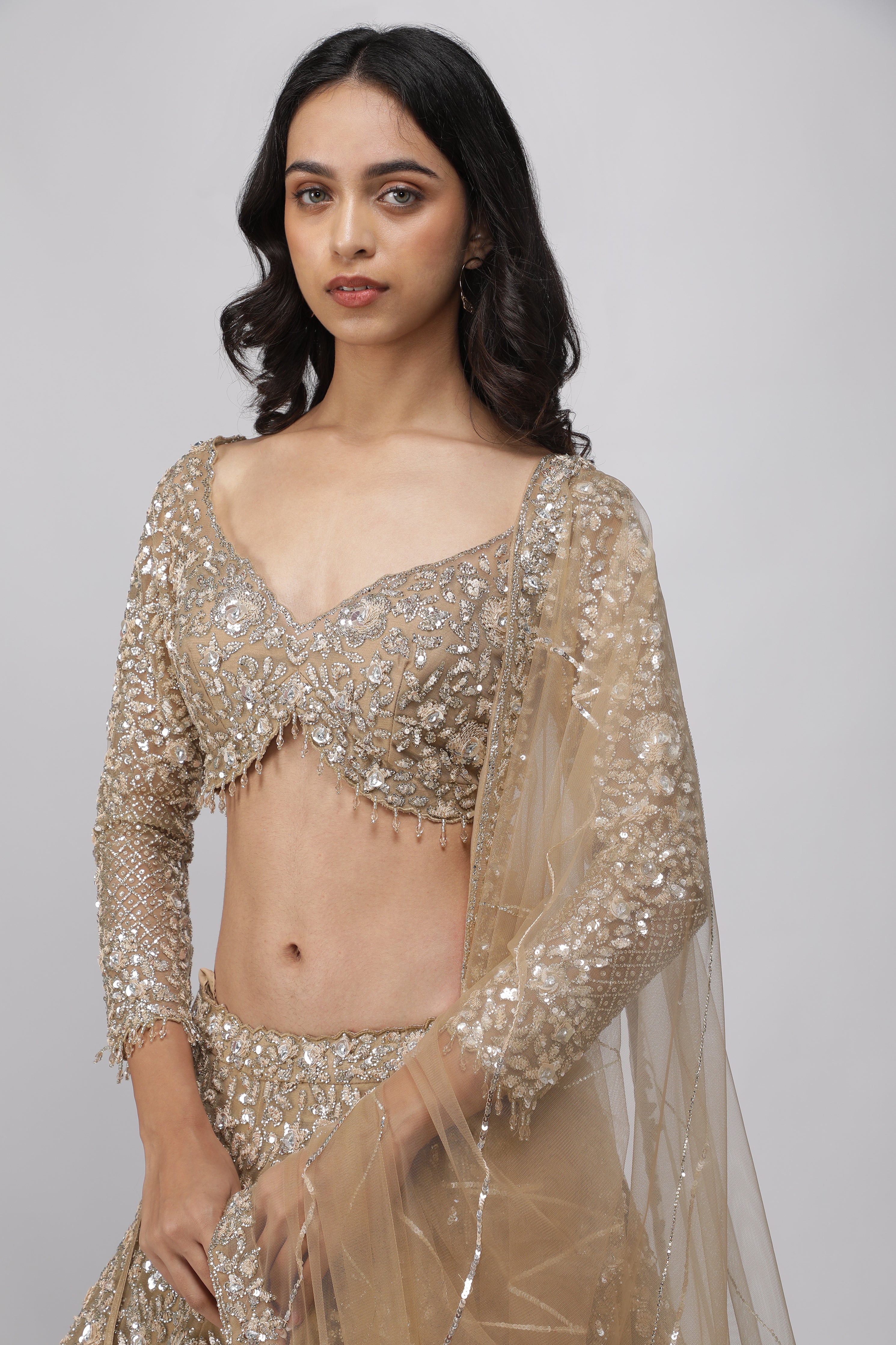 Dark Gold Net Lehenga Set