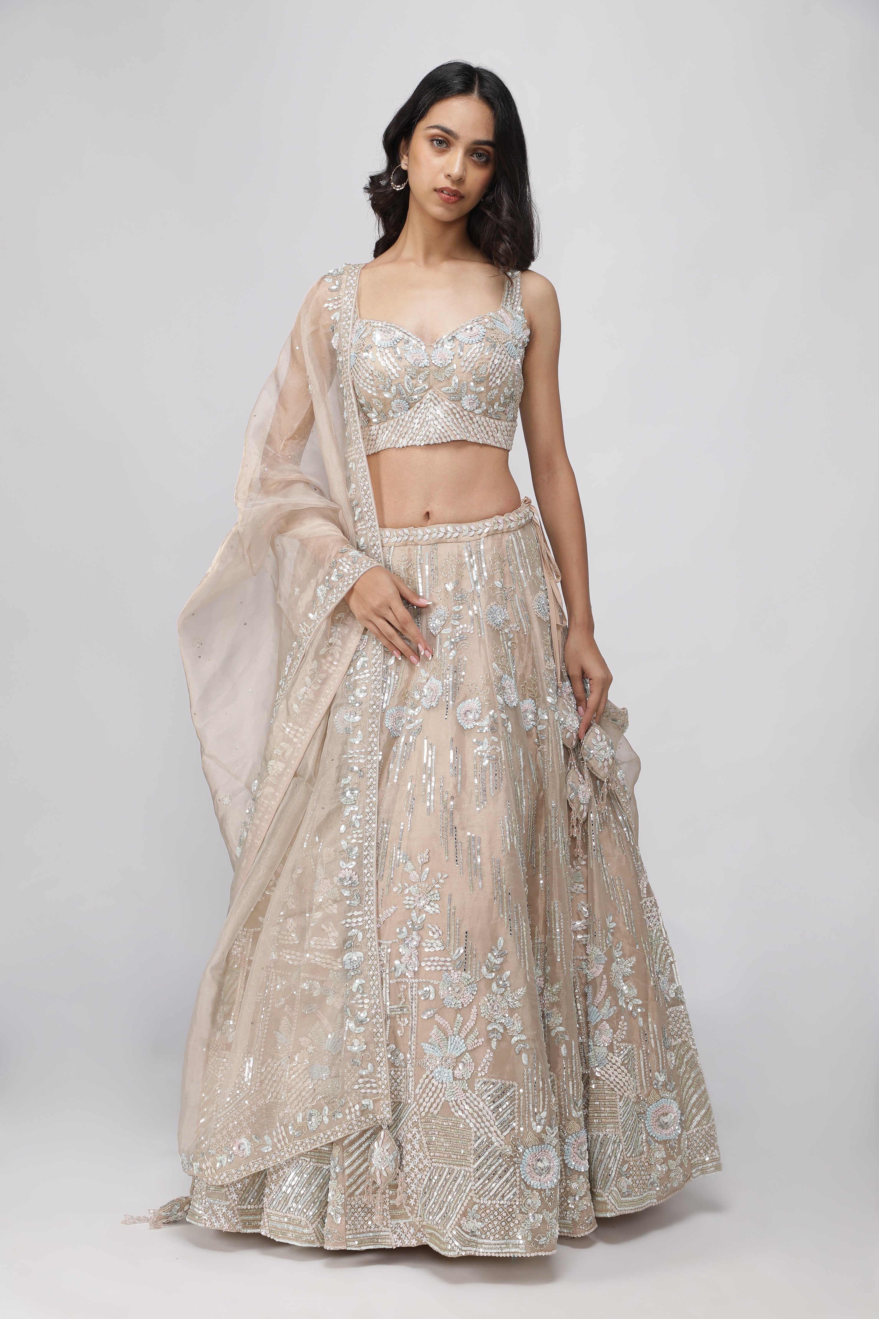 Peach Tissue Organza Lehenga Set