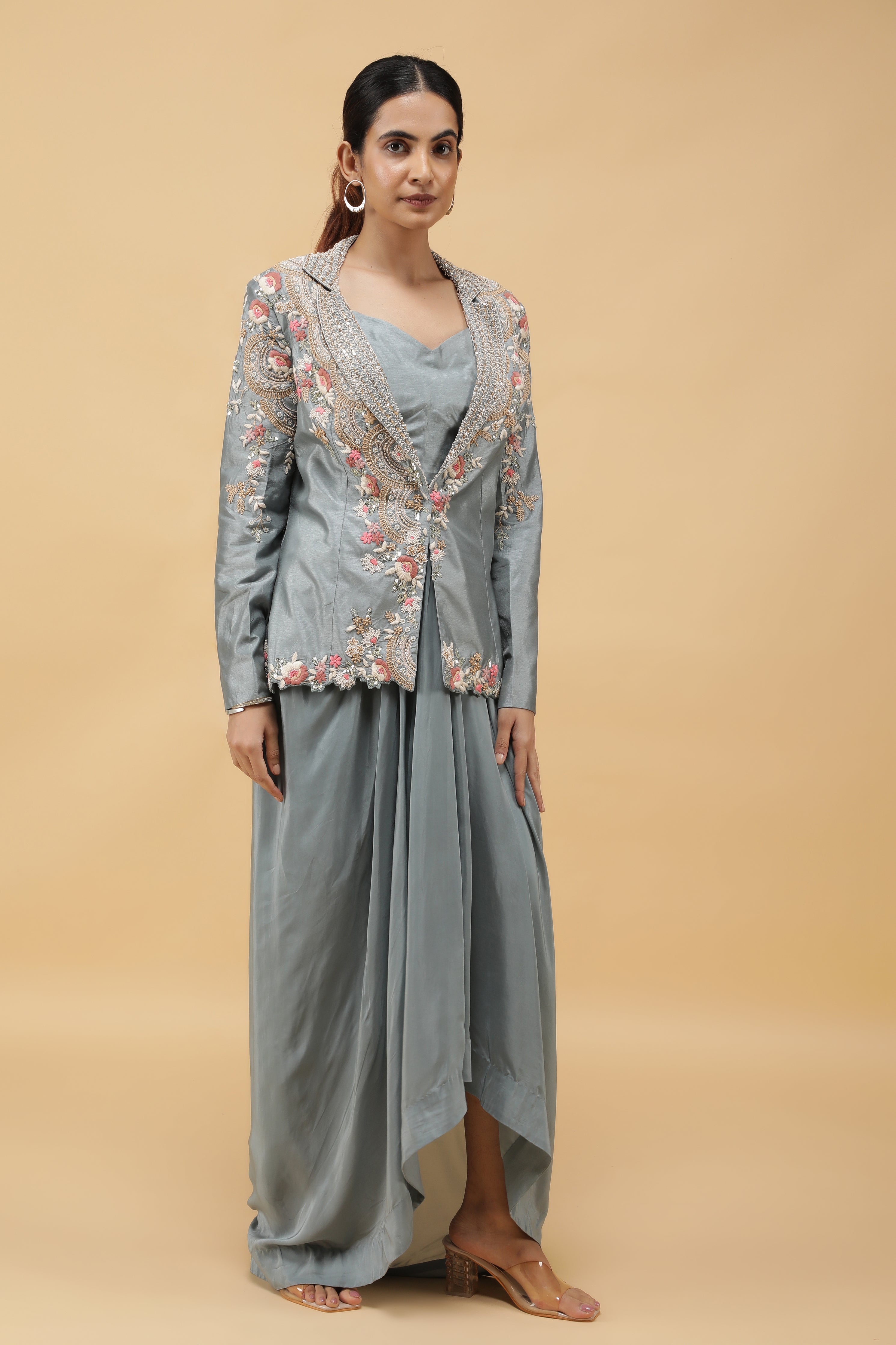 Smoky Blue Embroidered Silk Blazer with Draped Crepe Skirt