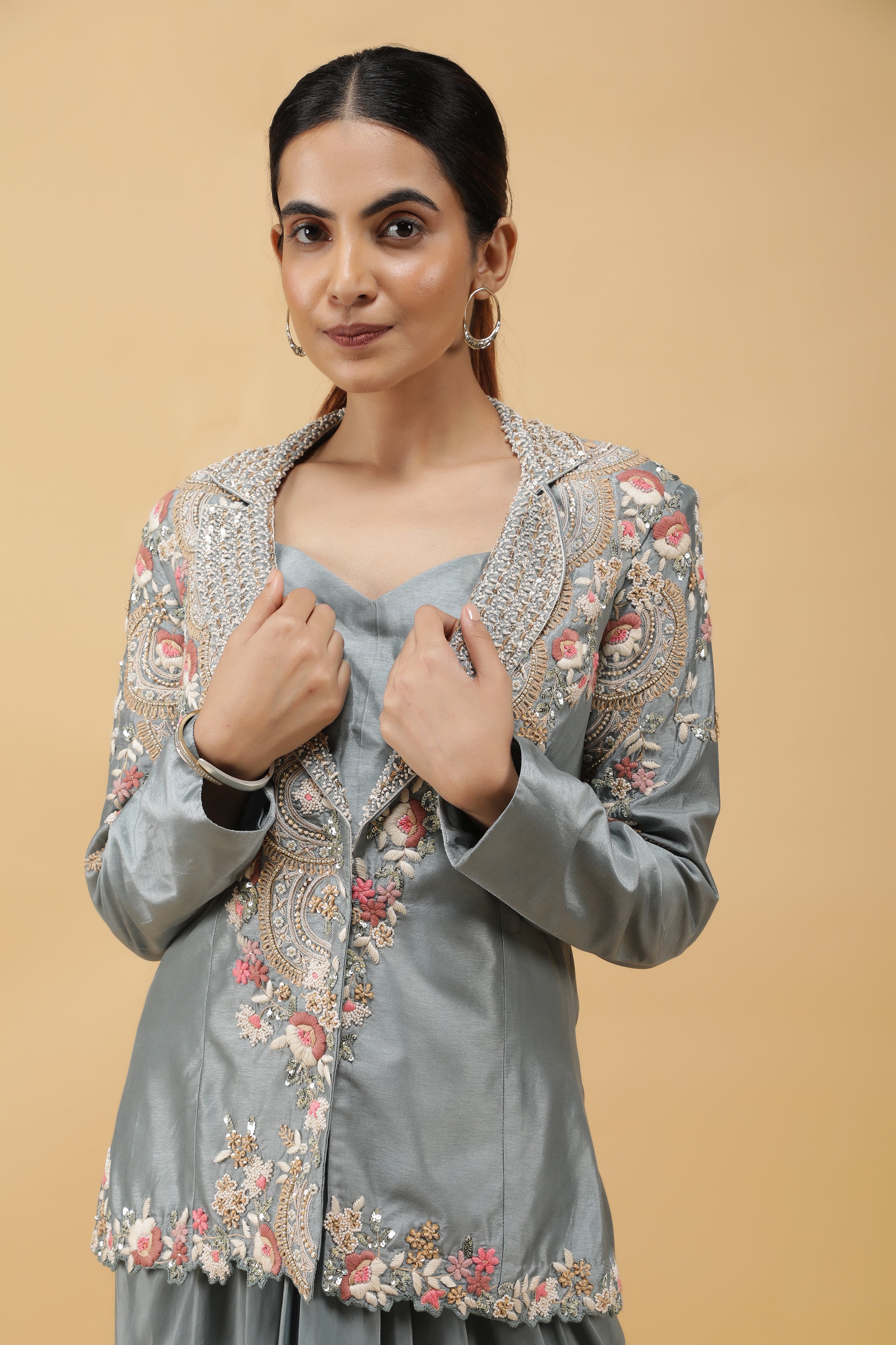 Smoky Blue Embroidered Silk Blazer with Draped Crepe Skirt