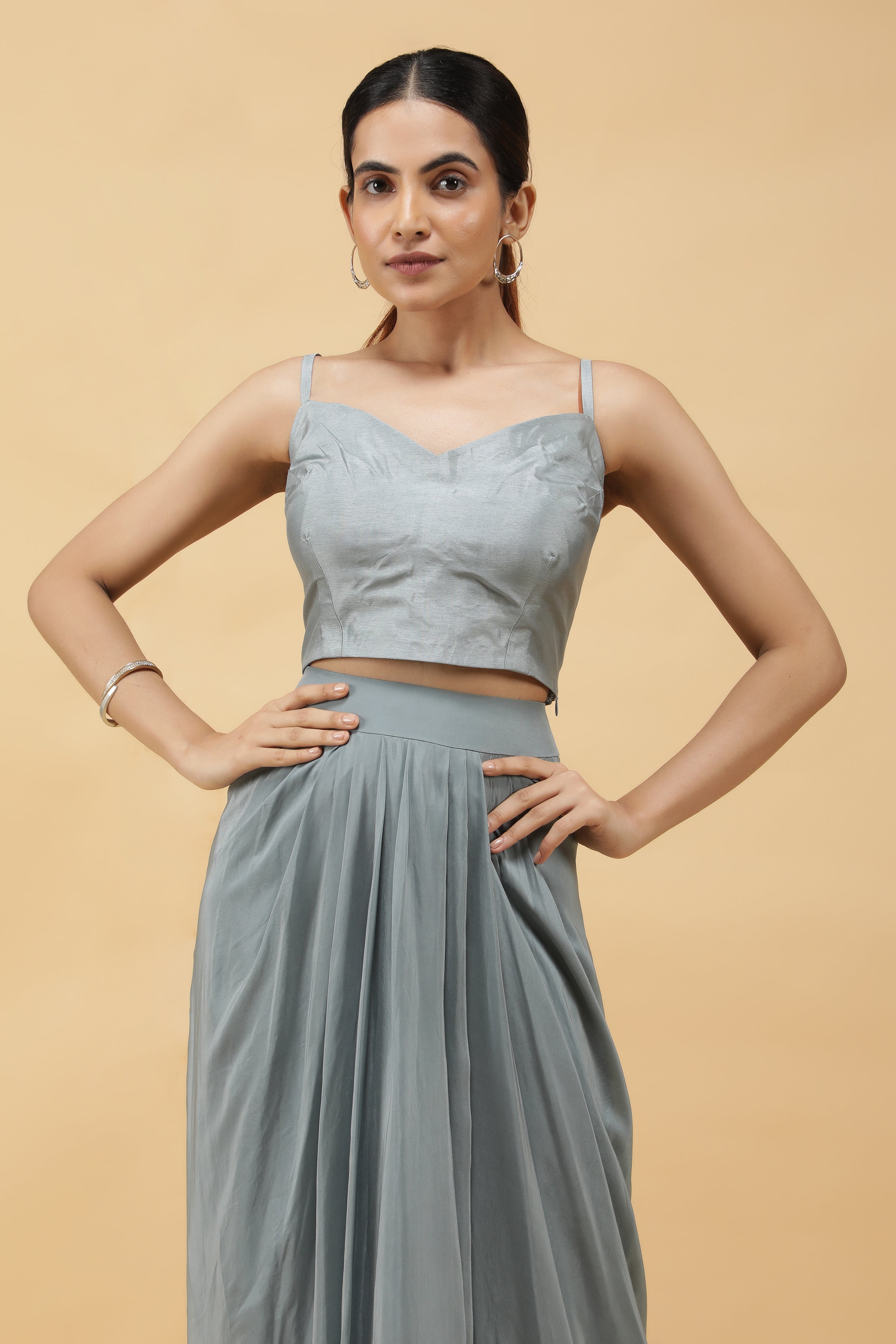 Smoky Blue Embroidered Silk Blazer with Draped Crepe Skirt