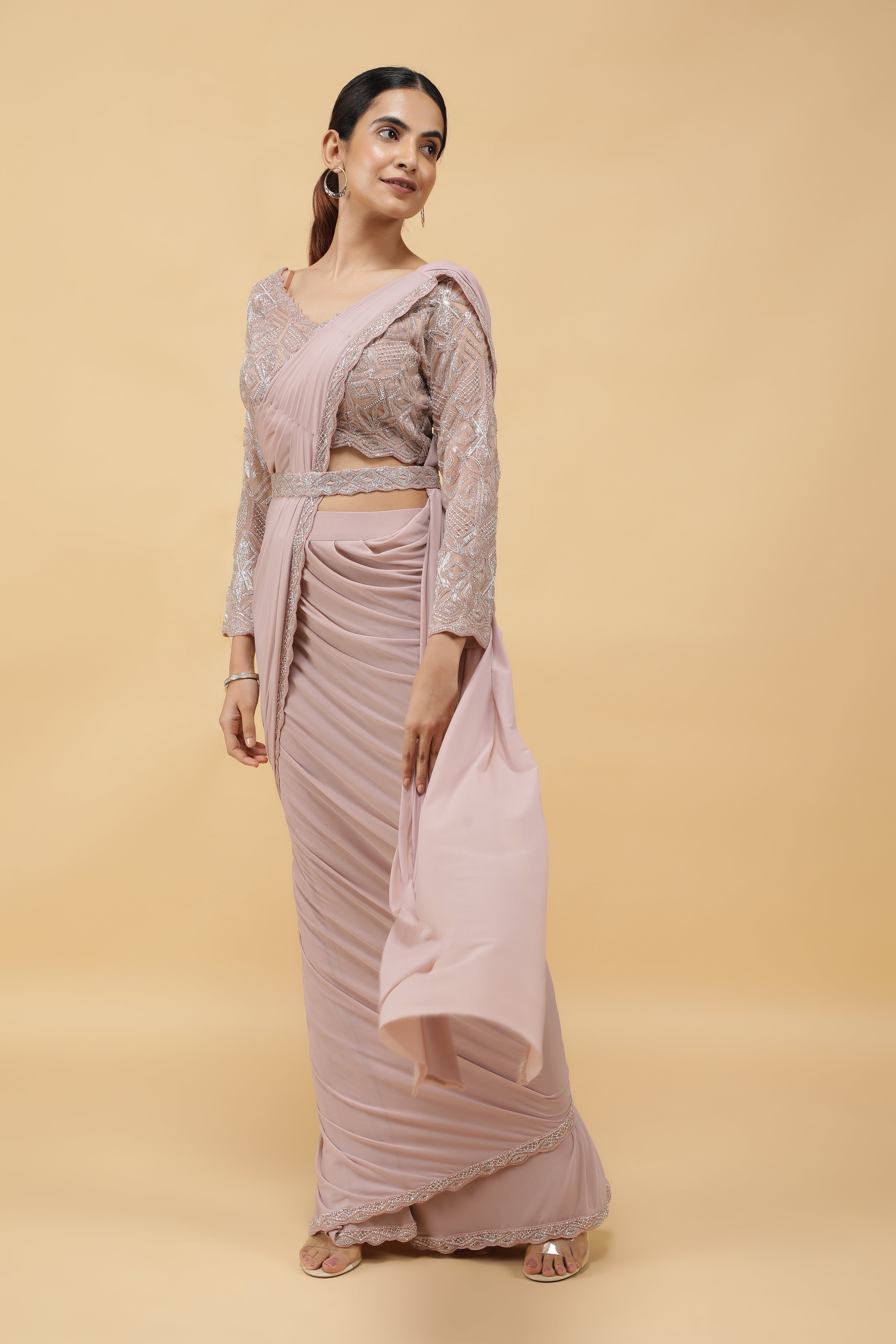 Pastel Mauve Lycra Net Drape Saree with Embroidered Blouse