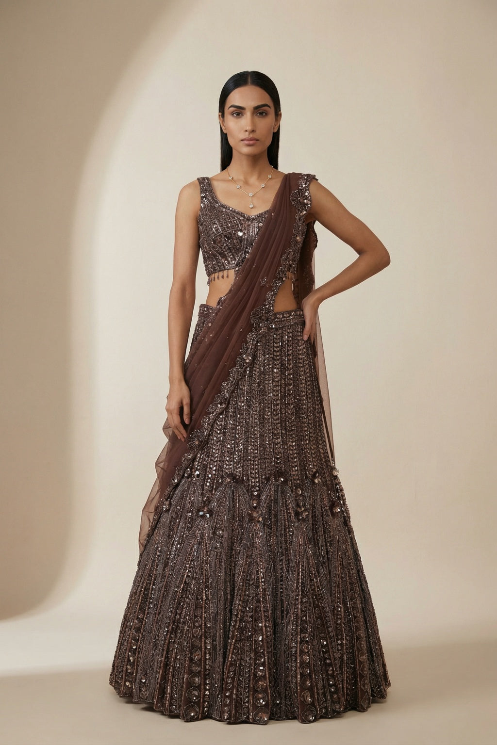 Brown Mermaid Lehenga with Net Dupatta