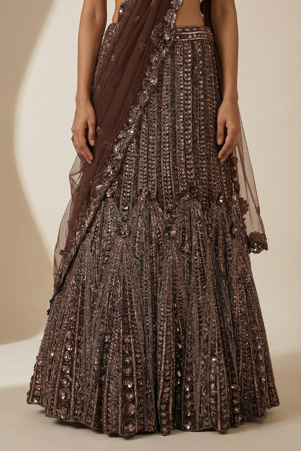 Brown Mermaid Lehenga with Net Dupatta