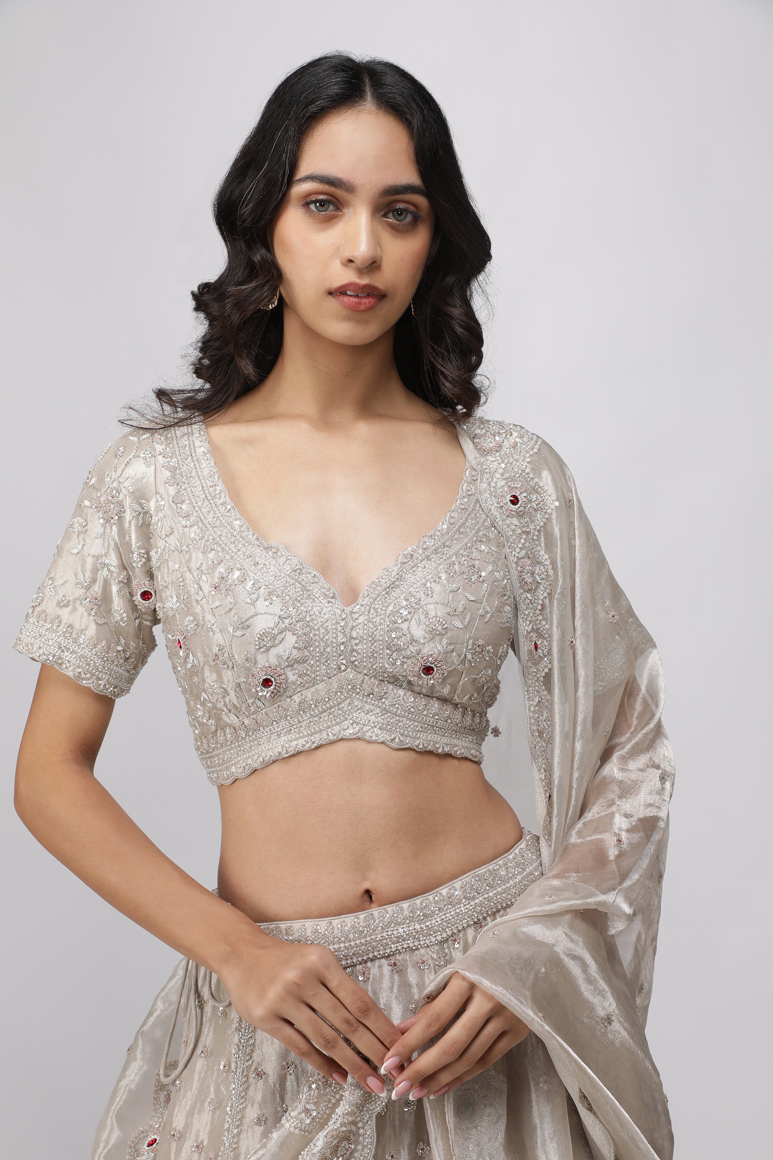 Silver Tissue Organza Lehenga Set
