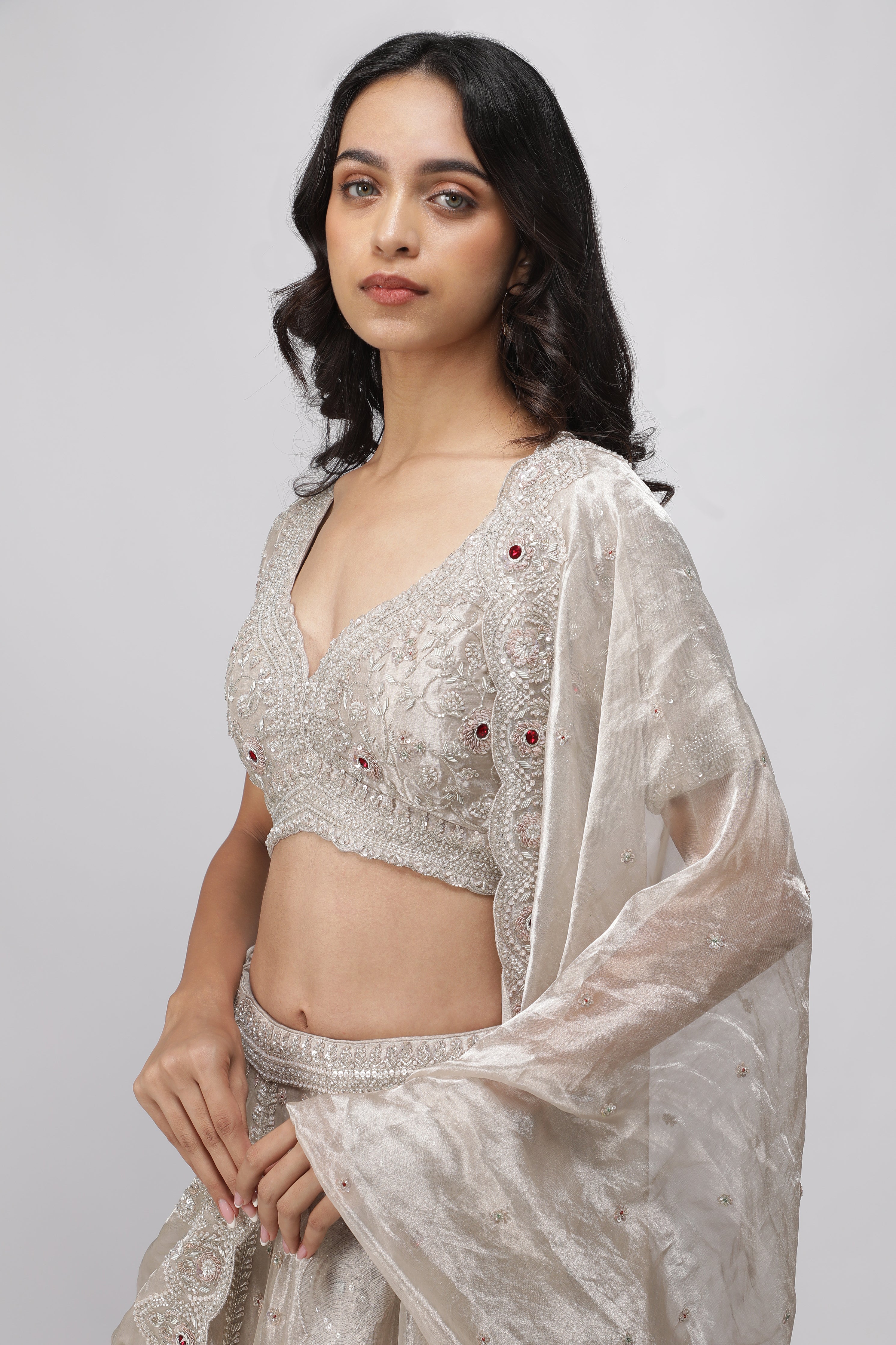 Silver Tissue Organza Lehenga Set