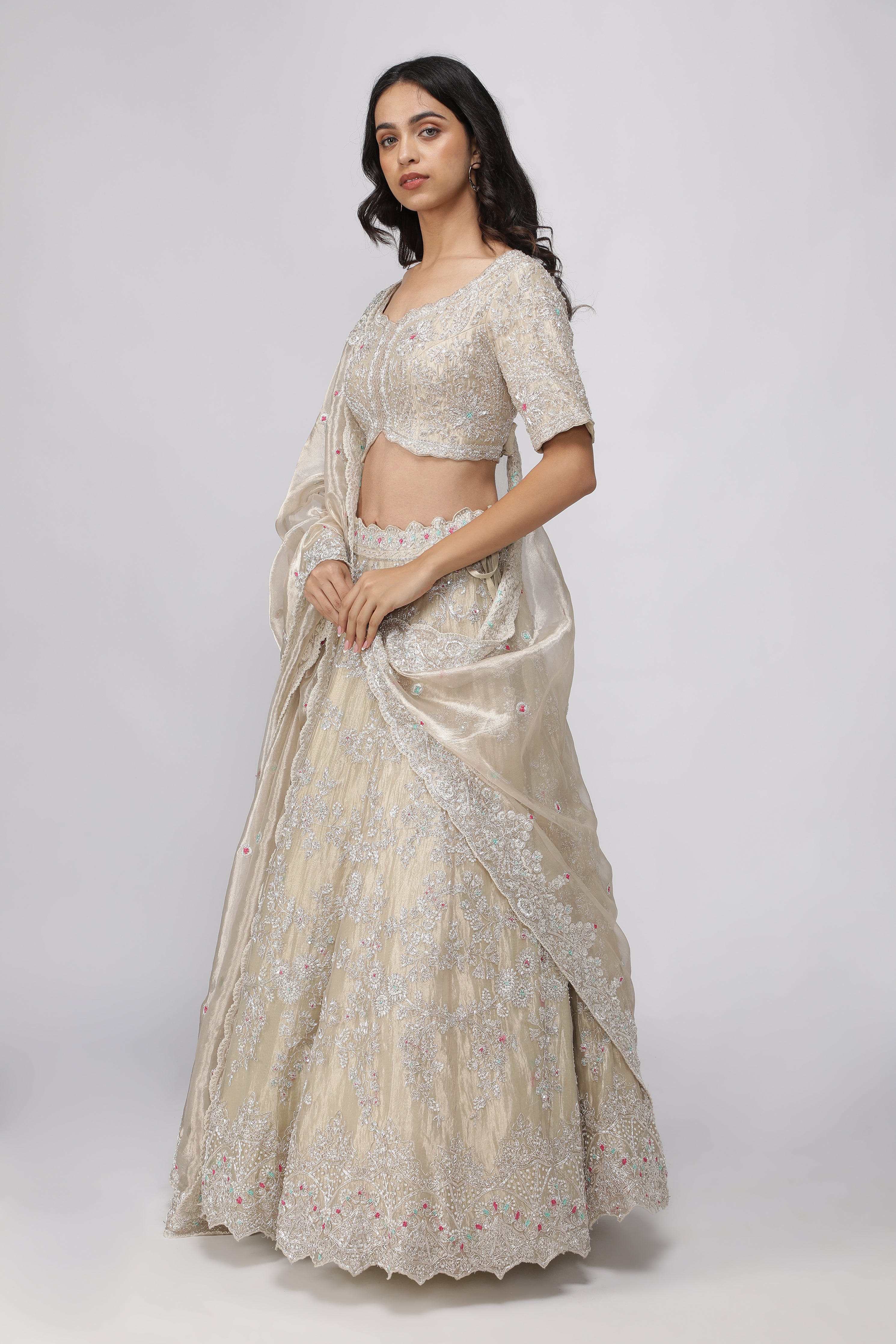 Gold Tissue Organza Embroidered Lehenga Set