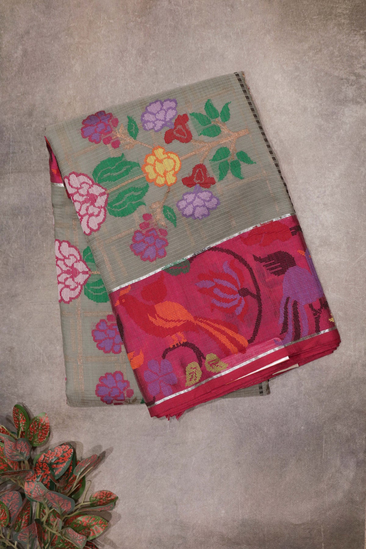 Grey-Green Zari Kota Saree with Jamdani Border