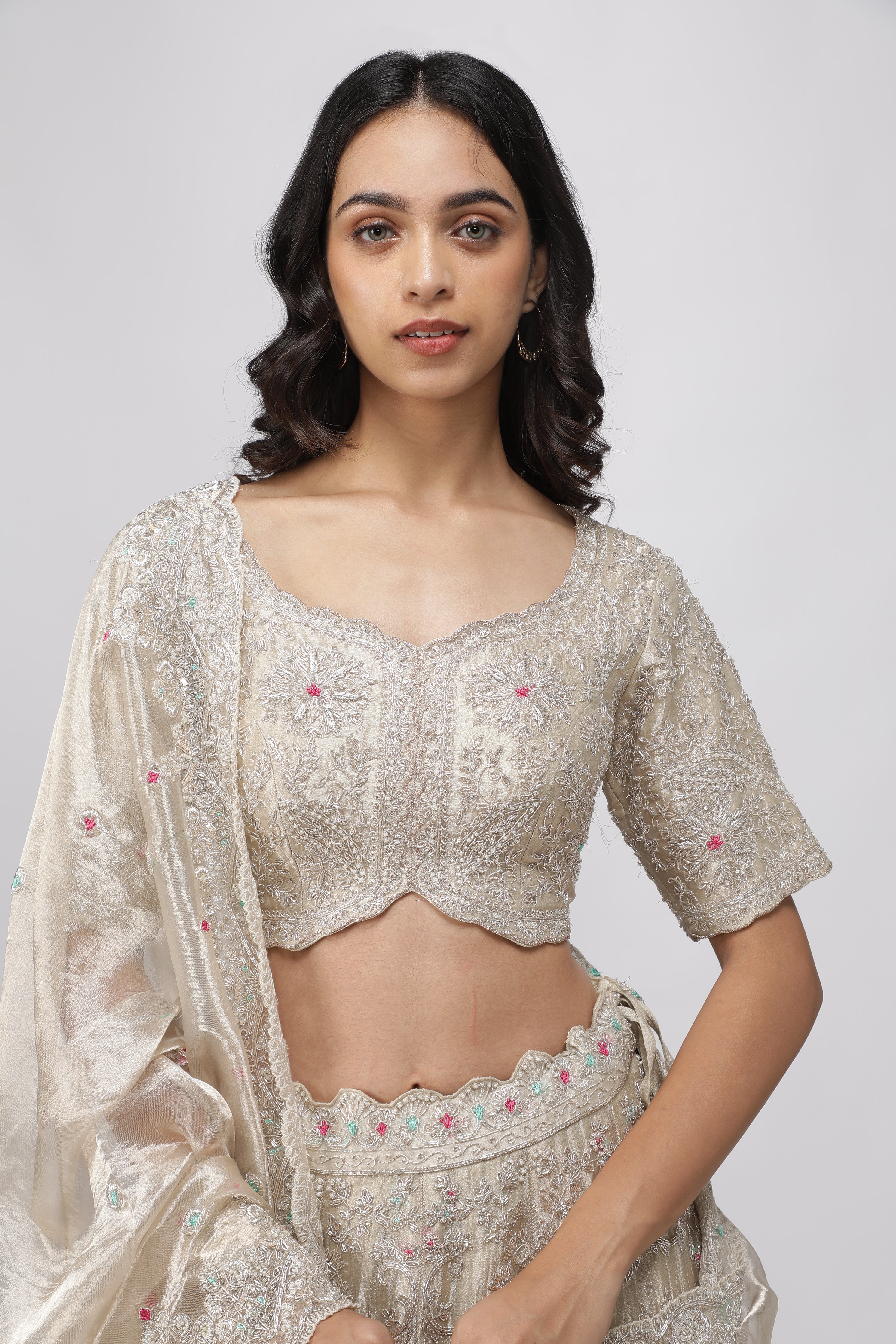 Gold Tissue Organza Embroidered Lehenga Set