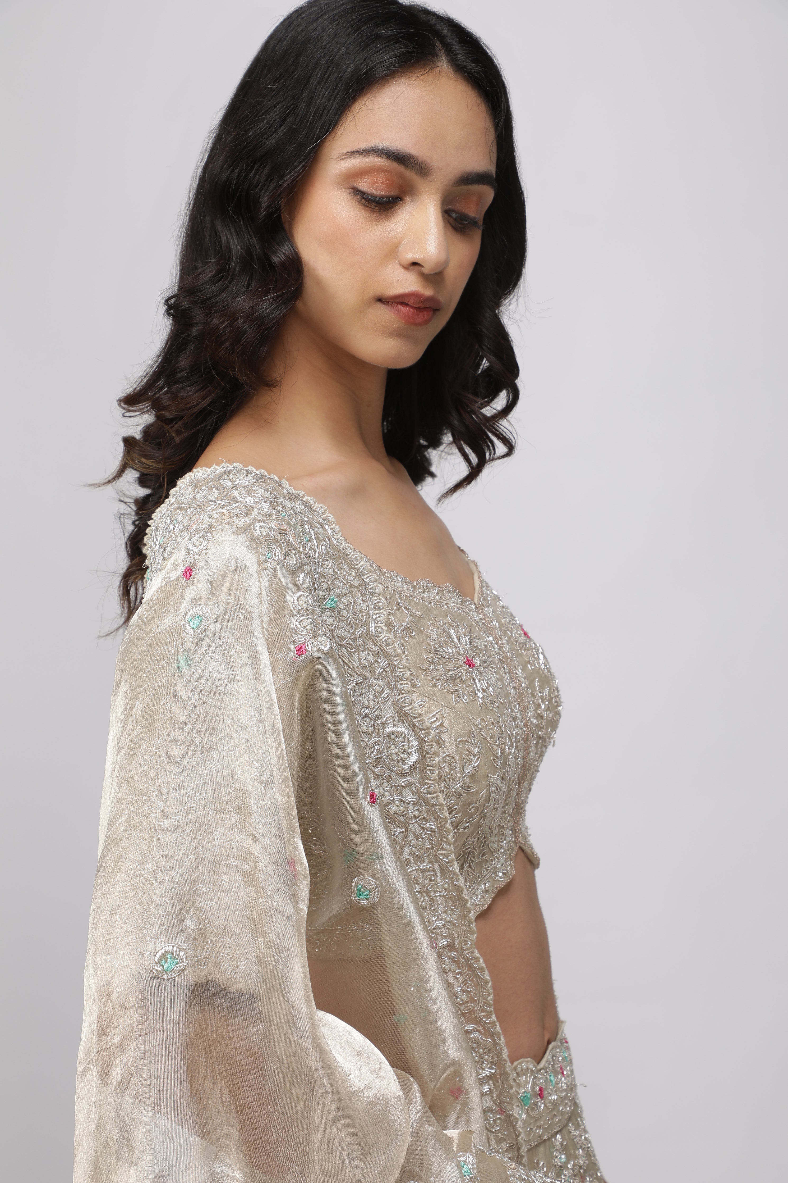 Gold Tissue Organza Embroidered Lehenga Set