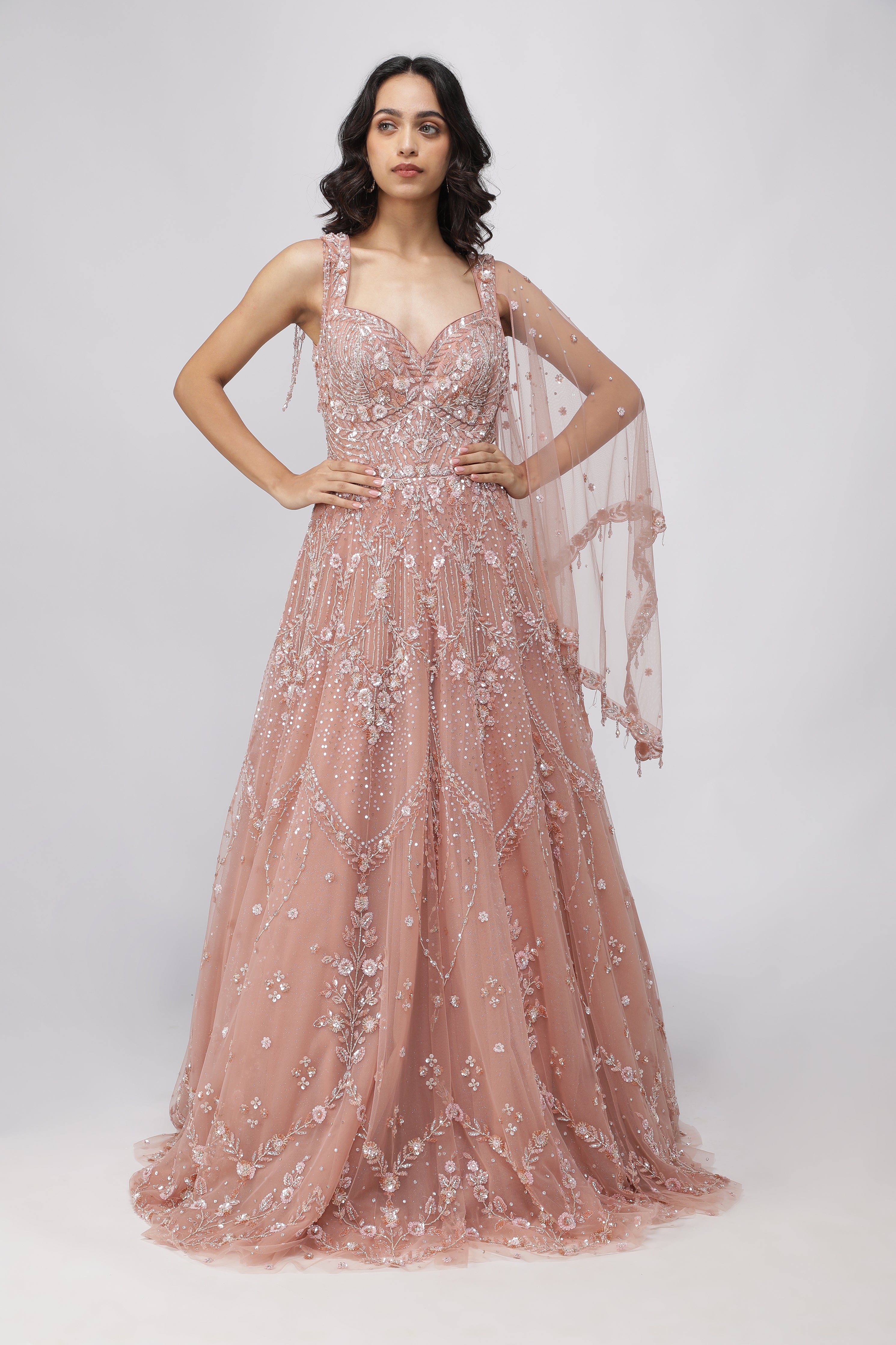 Peach Net Gown with Sequins, Cutdana & Pearl Embroidery